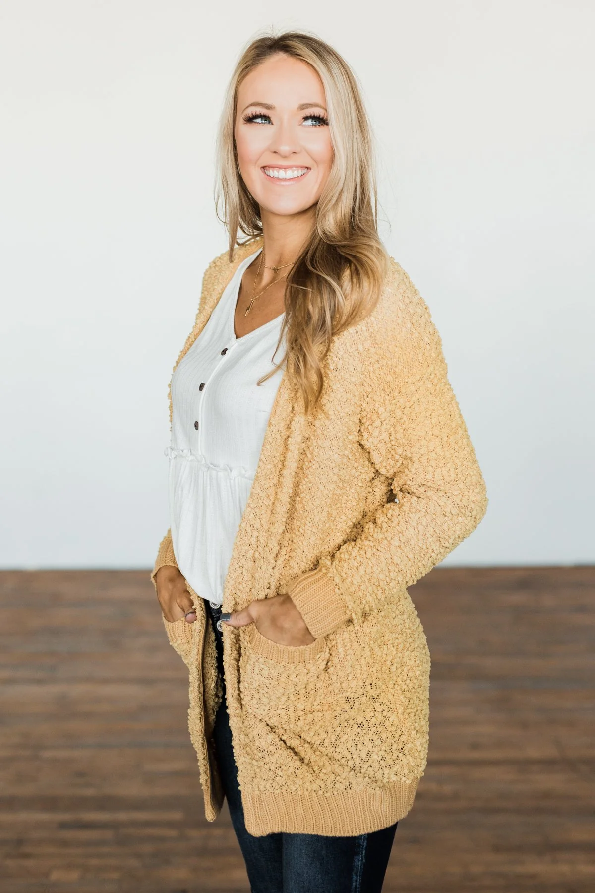Stealing Glances Popcorn Knit Cardigan- Mustard - Image 4