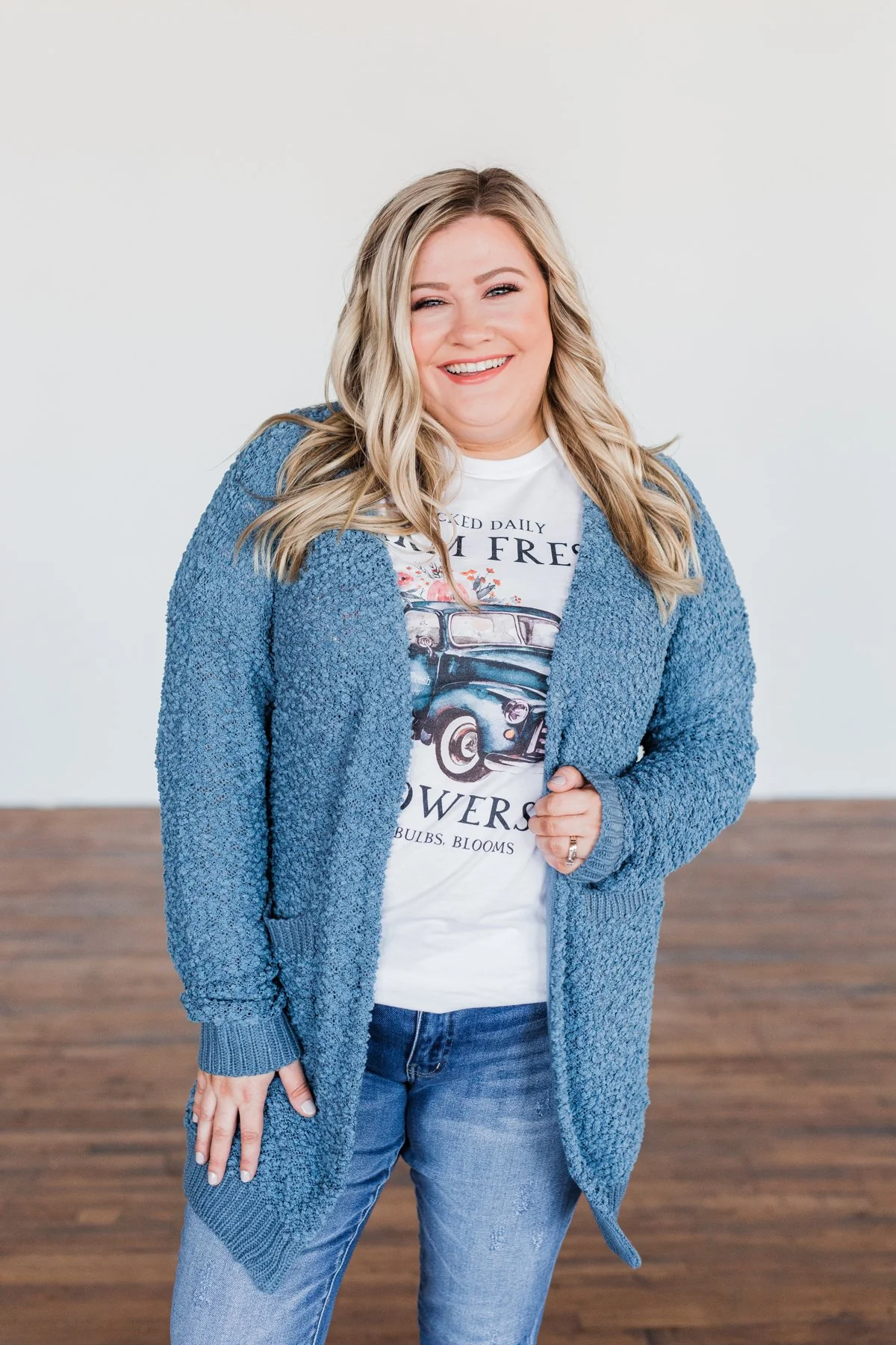 Stealing Glances Popcorn Knit Cardigan- Steel Blue - Image 4