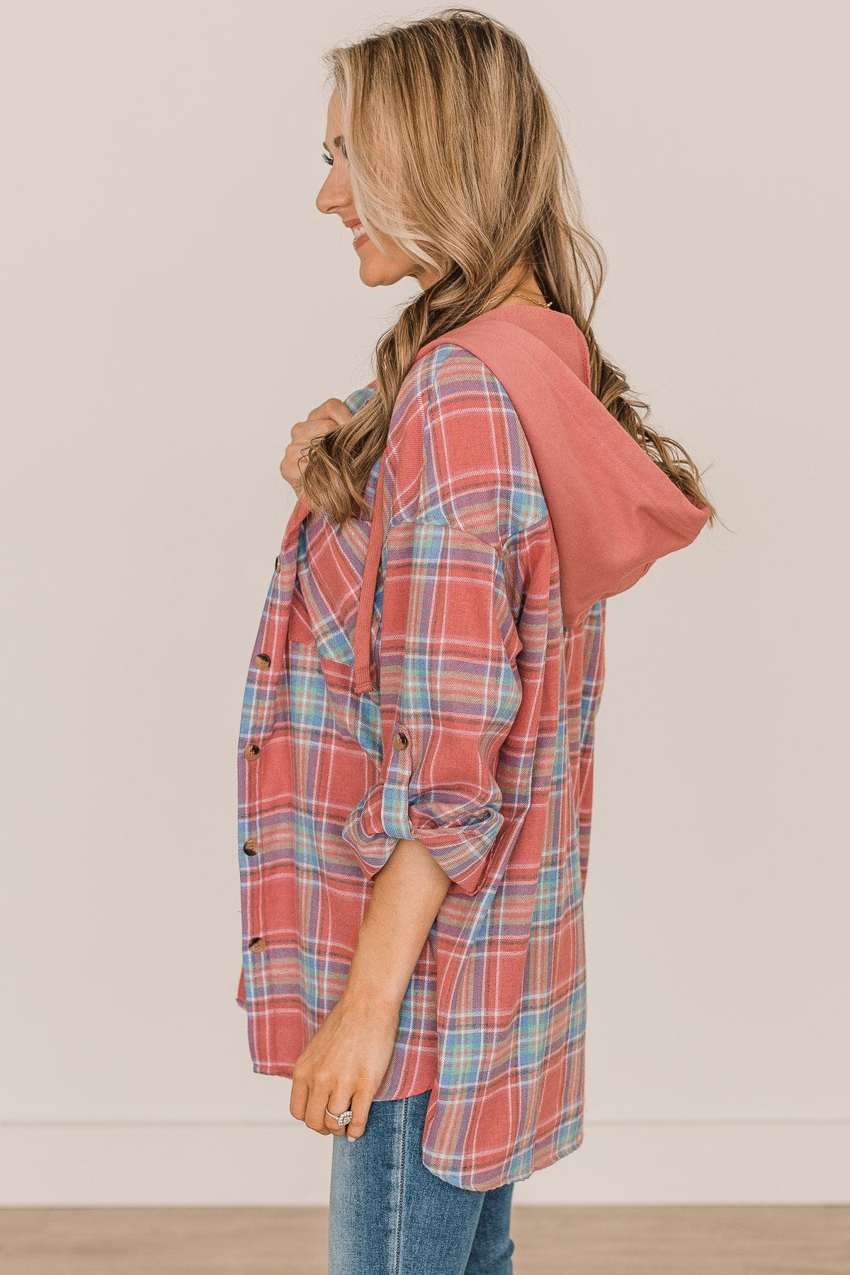 Stealing Hearts Plaid Button Top- Dark Coral & Blue - Image 5