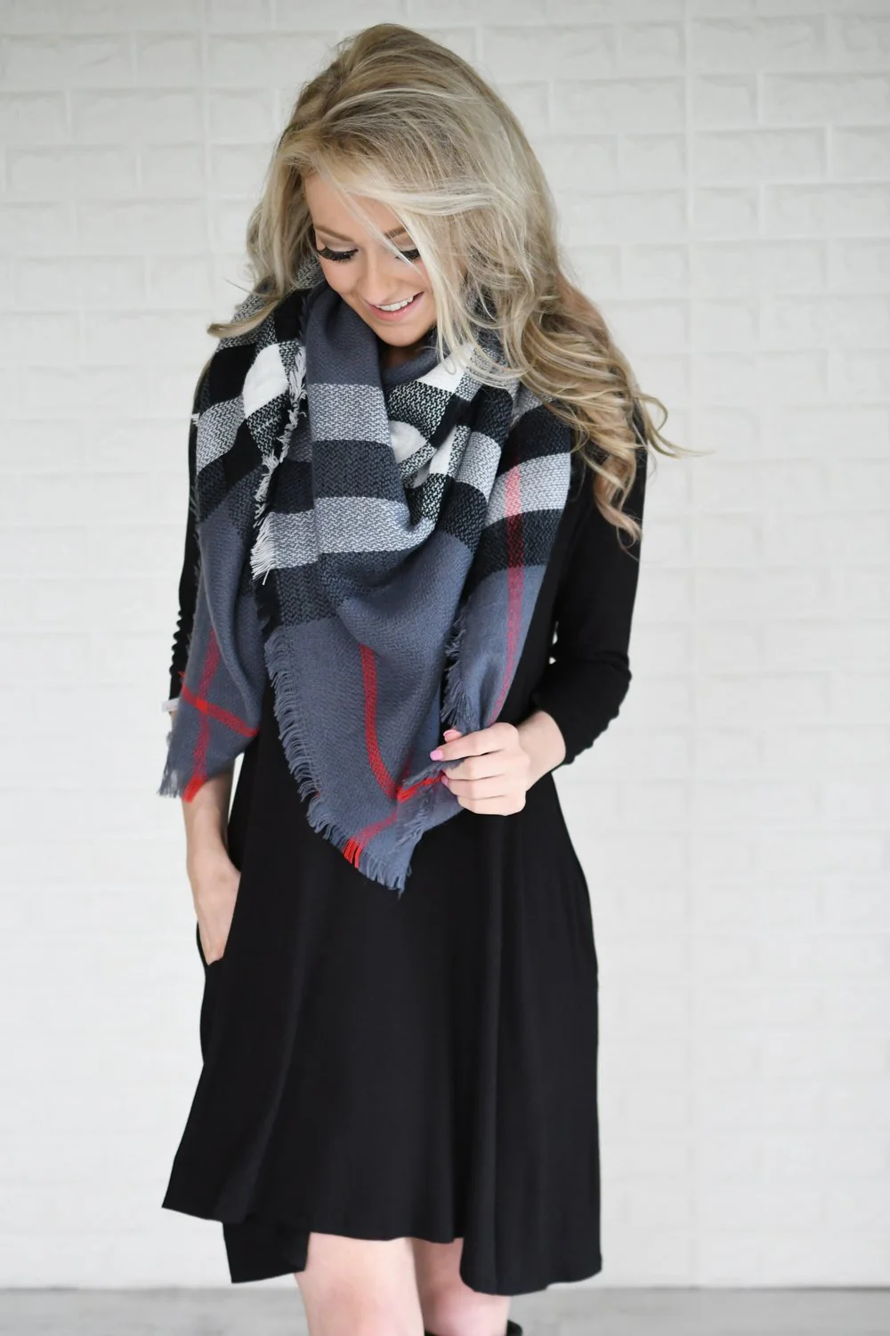 Steel Blue & Black Plaid Blanket Scarf - Image 7