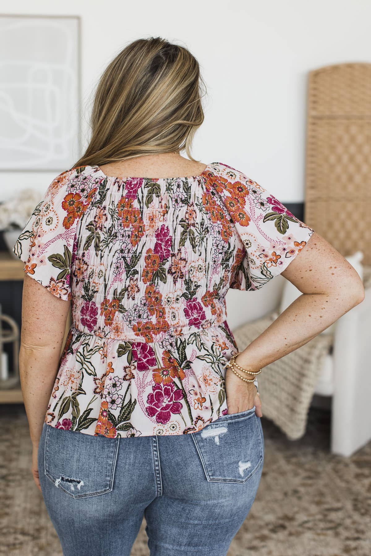 Stolen Glances Smocked Floral Blouse- Ivory Multi - Image 7