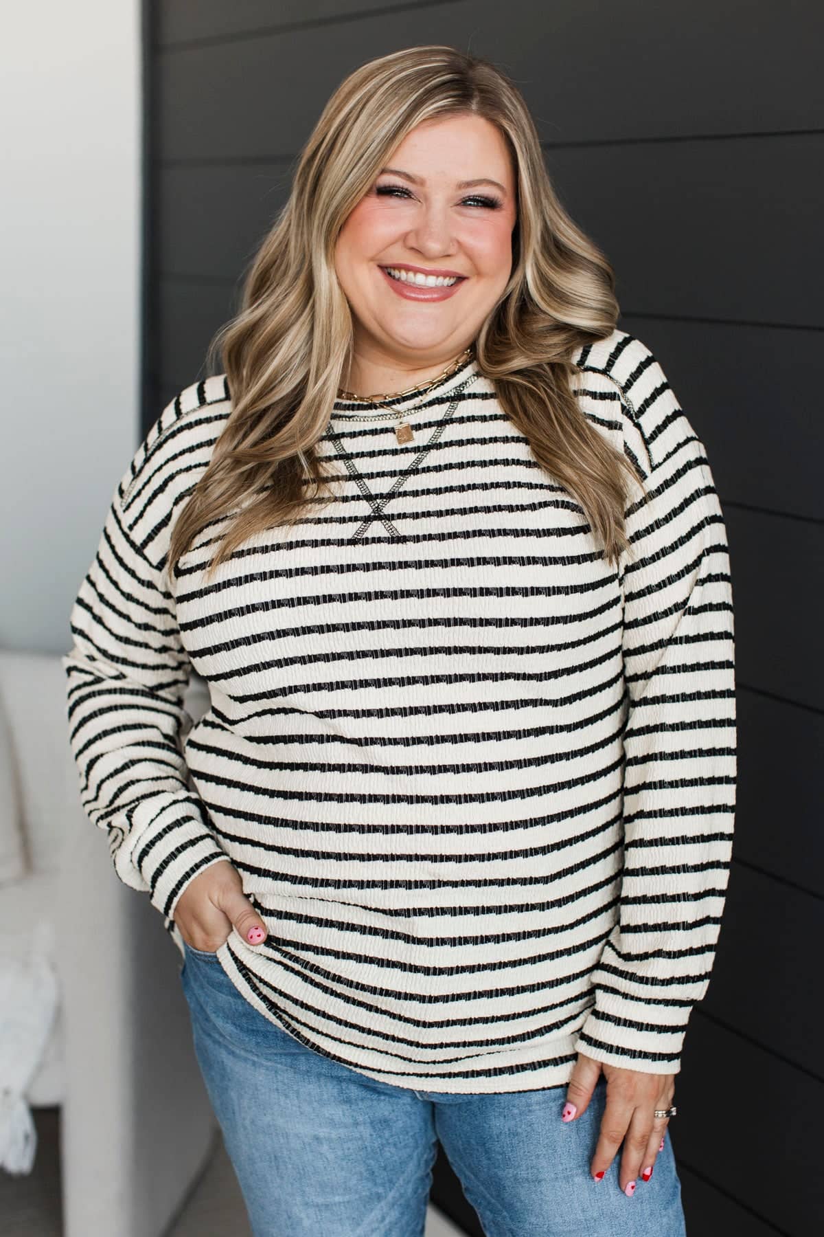 Story To Tell Long Sleeve Striped Top- Ivory & Black - Image 4