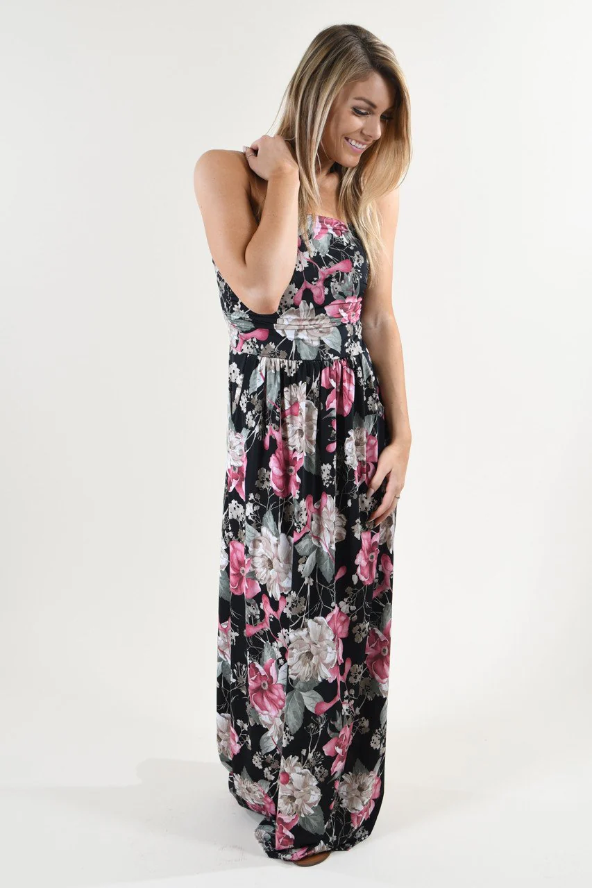 Strapless Floral Maxi Dress ~ Pink & Black - Image 4