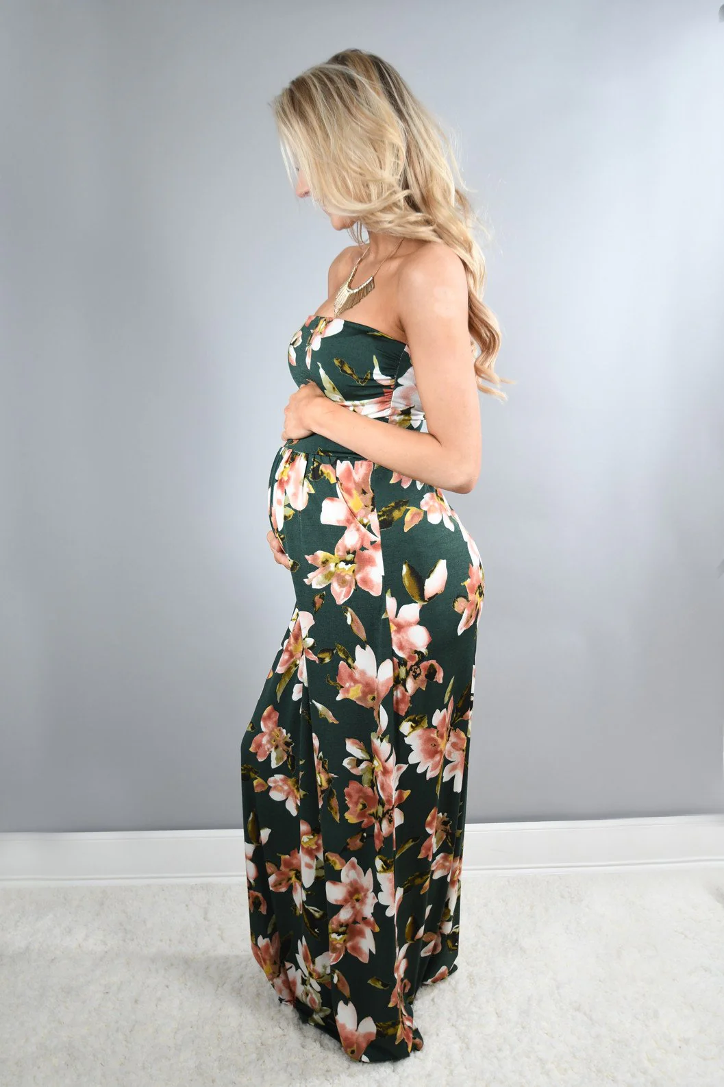Strapless Olive Floral Maxi Dress - Image 3