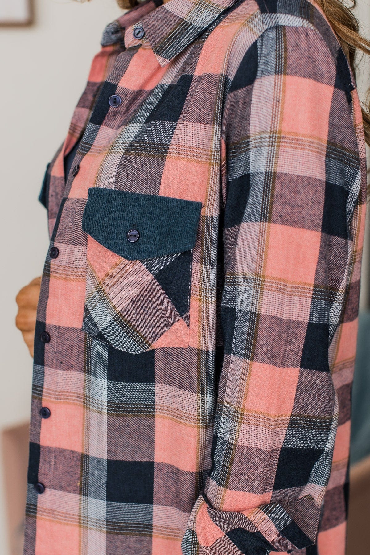 Strike A Conversation Plaid Button Top- Pink & Navy - Image 2