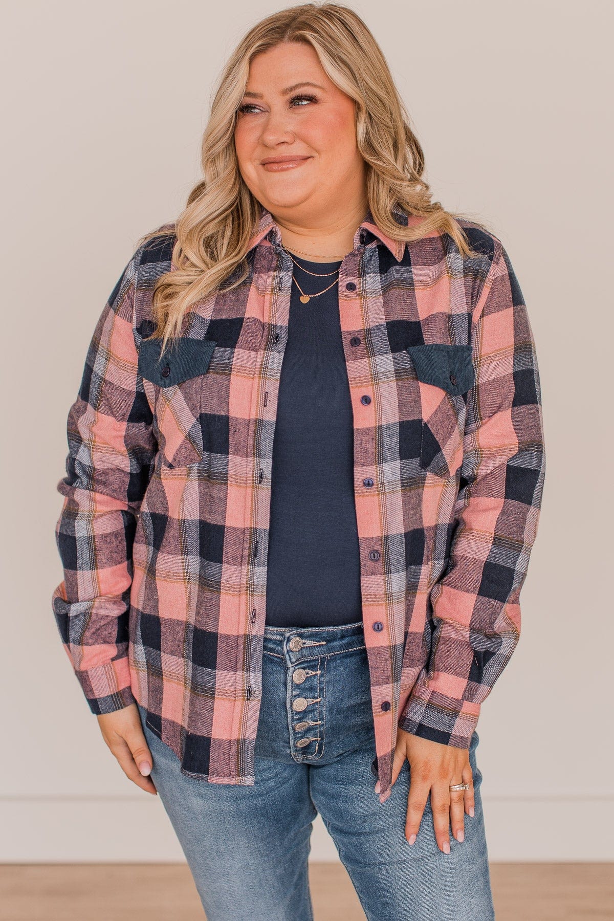 Strike A Conversation Plaid Button Top- Pink & Navy - Image 5