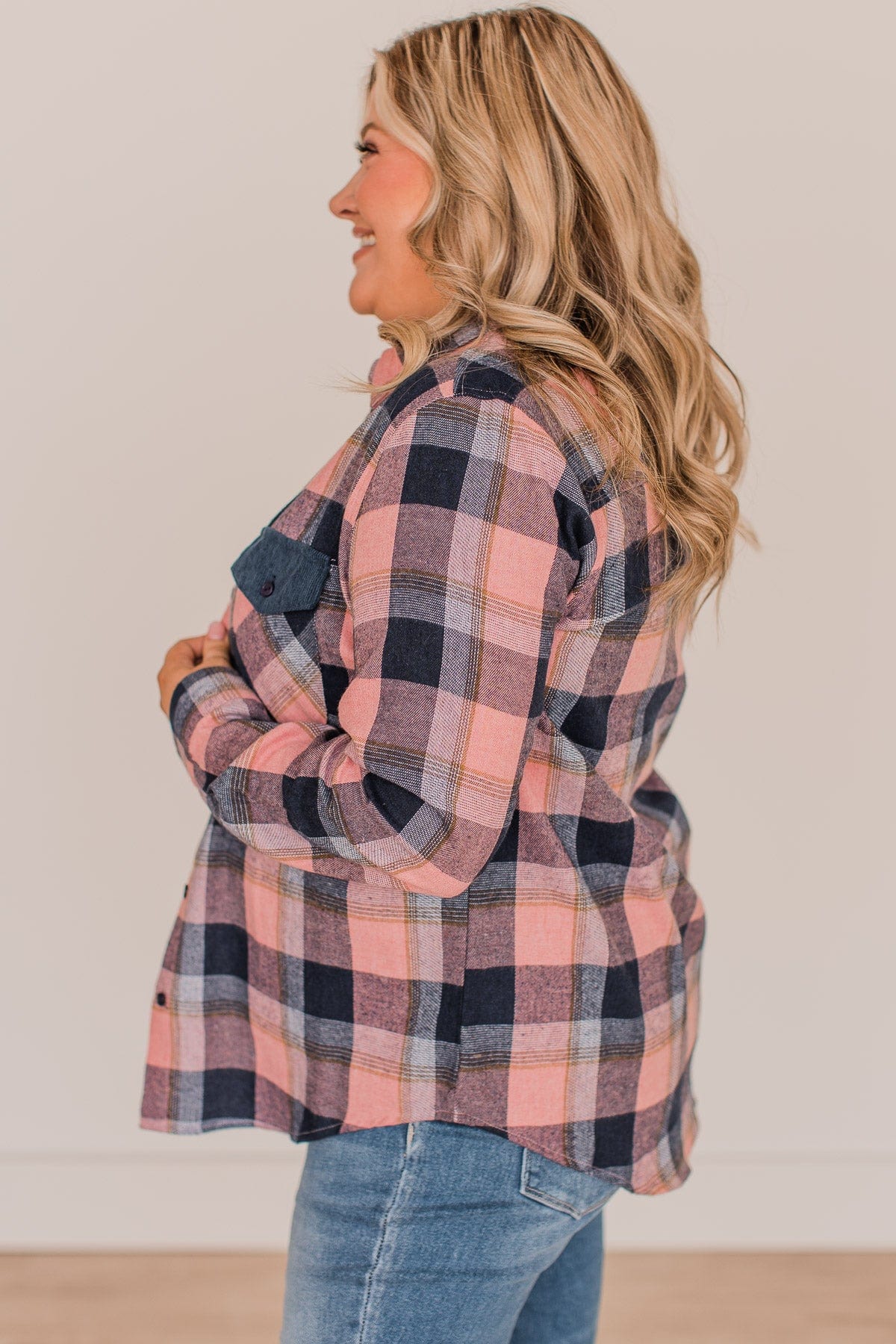 Strike A Conversation Plaid Button Top- Pink & Navy - Image 6