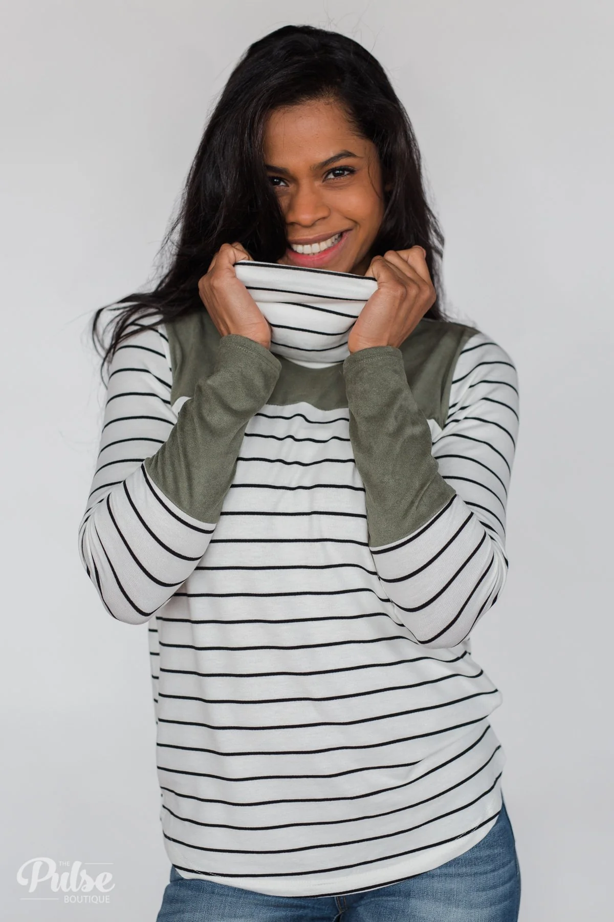 Stripe & Suede Cowl Neck Top- White & Green - Image 13