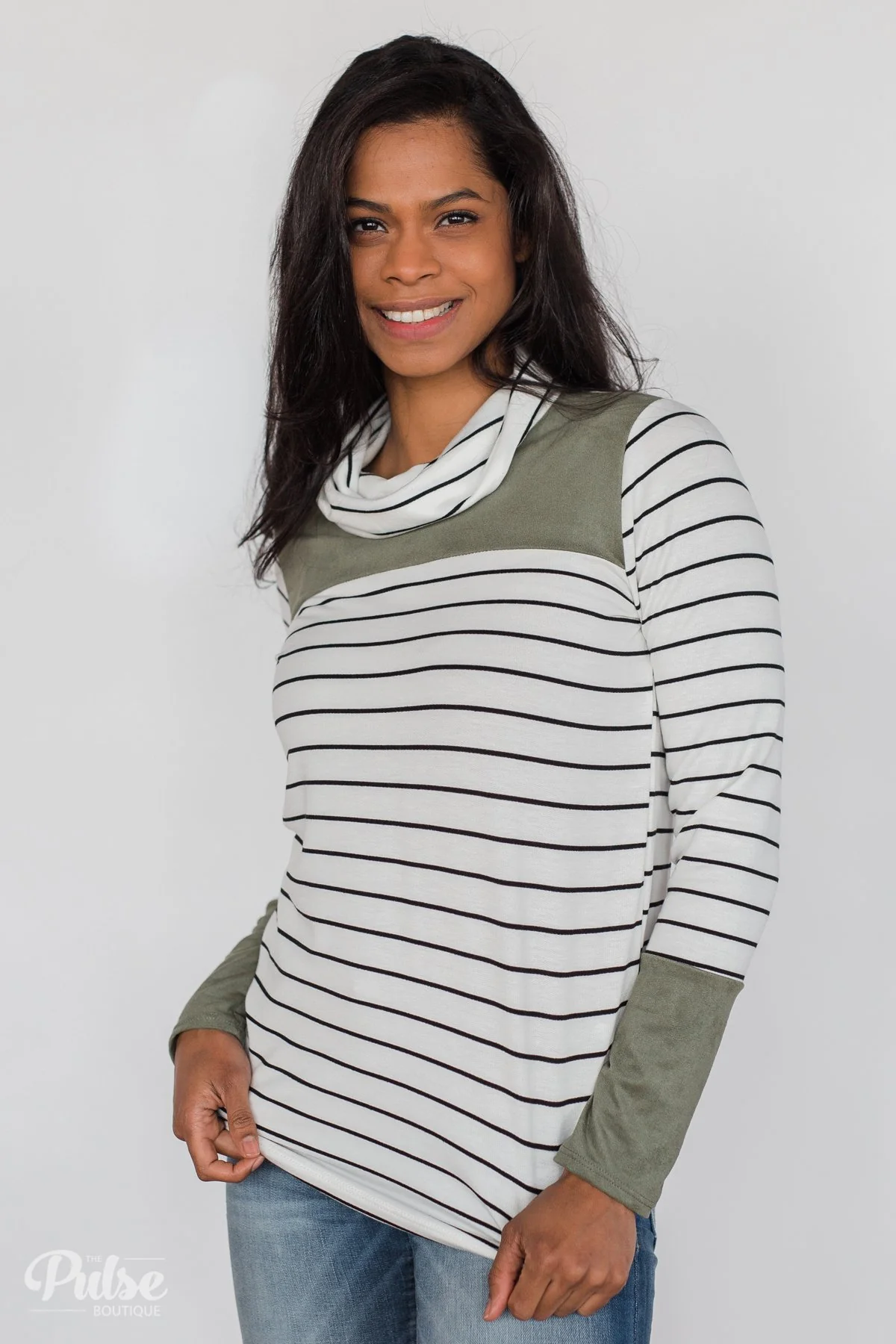 Stripe & Suede Cowl Neck Top- White & Green - Image 3