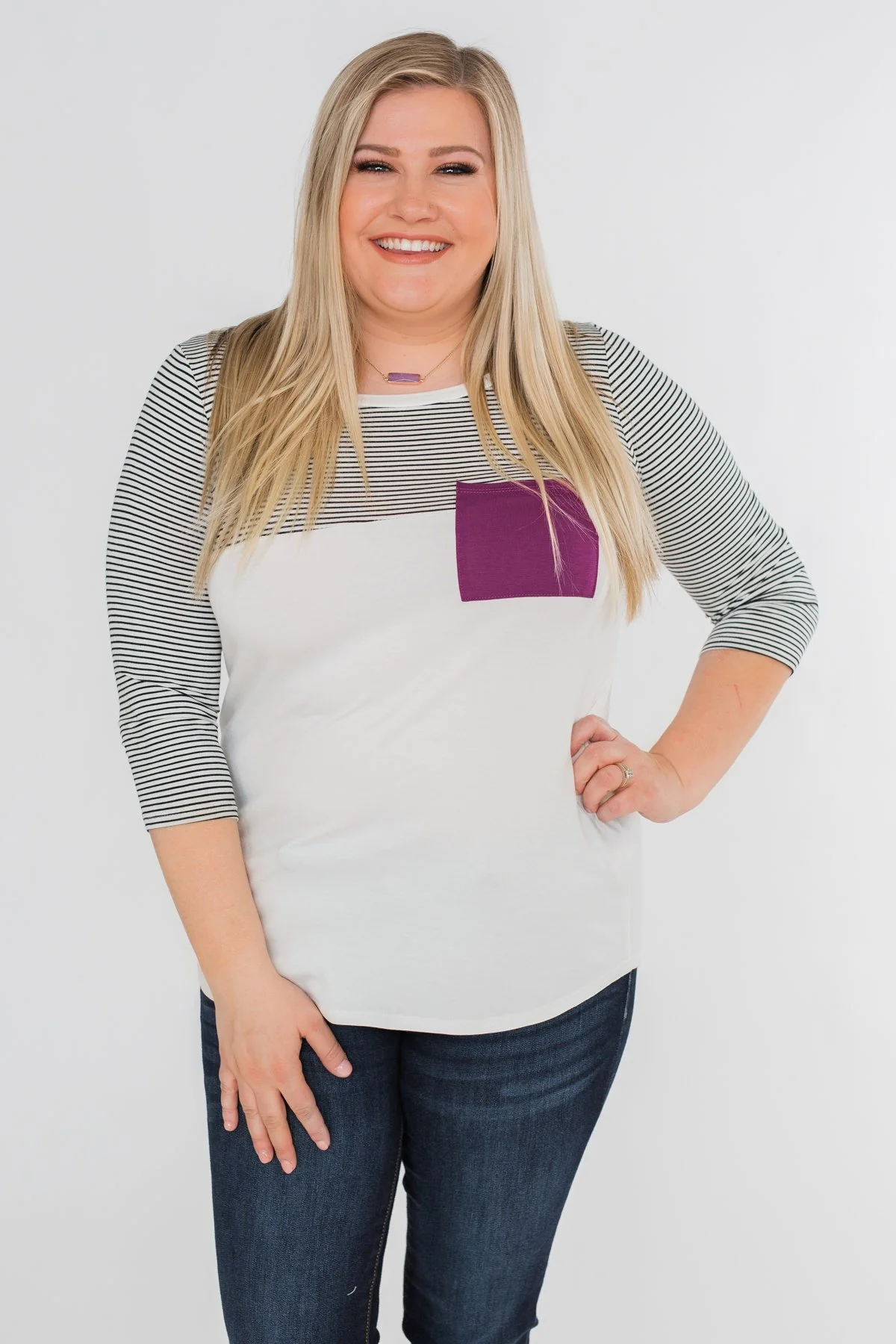 Striped 3/4 Sleeve Pocket Top- Magenta - Image 2