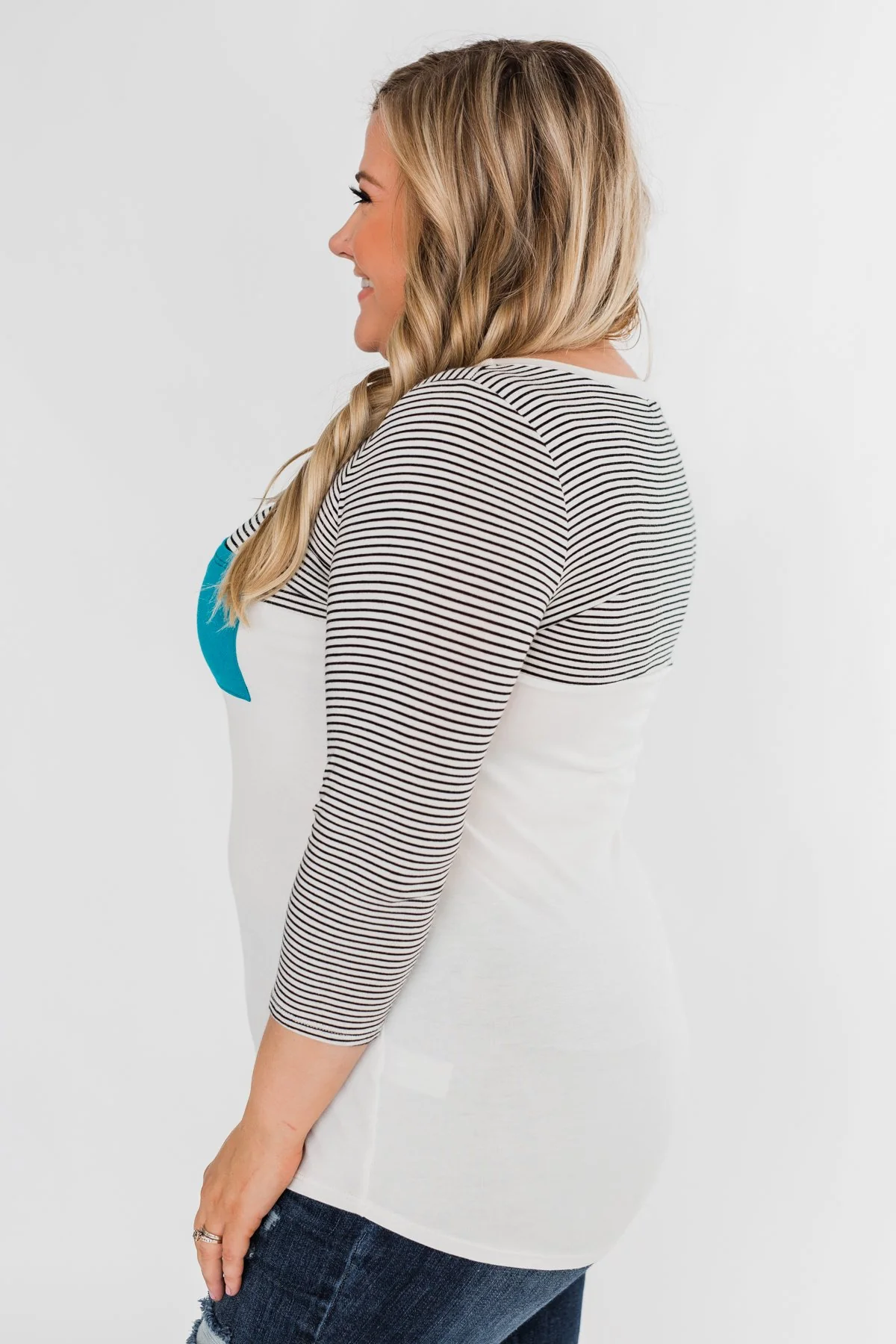 Striped 3/4 Sleeve Pocket Top- Teal - Image 11