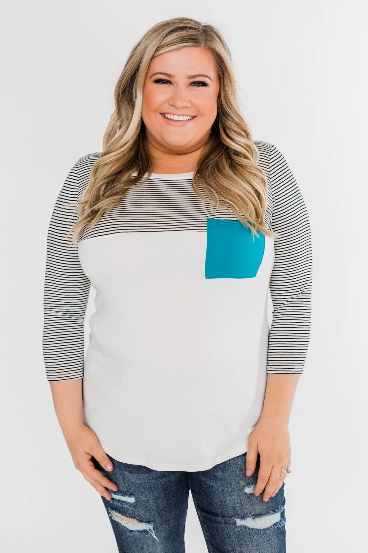 Striped 3/4 Sleeve Pocket Top- Teal - Image 3