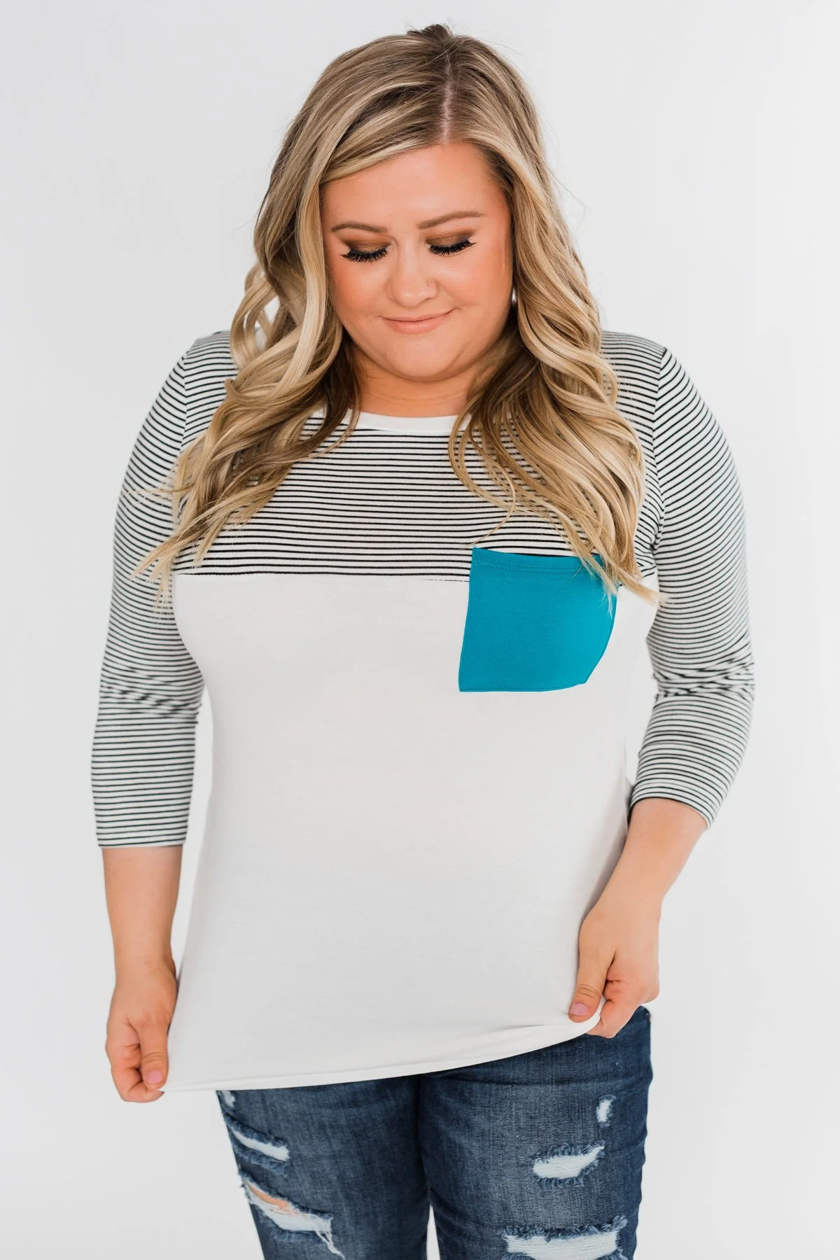 Striped 3/4 Sleeve Pocket Top- Teal - Image 9