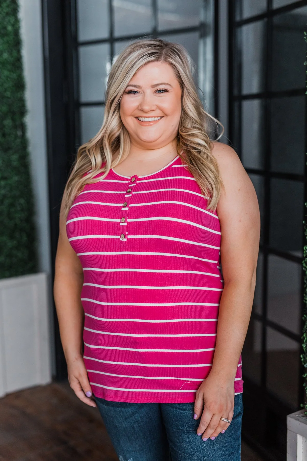 Striped Button Henley Tank Top- Hot Pink - Image 5