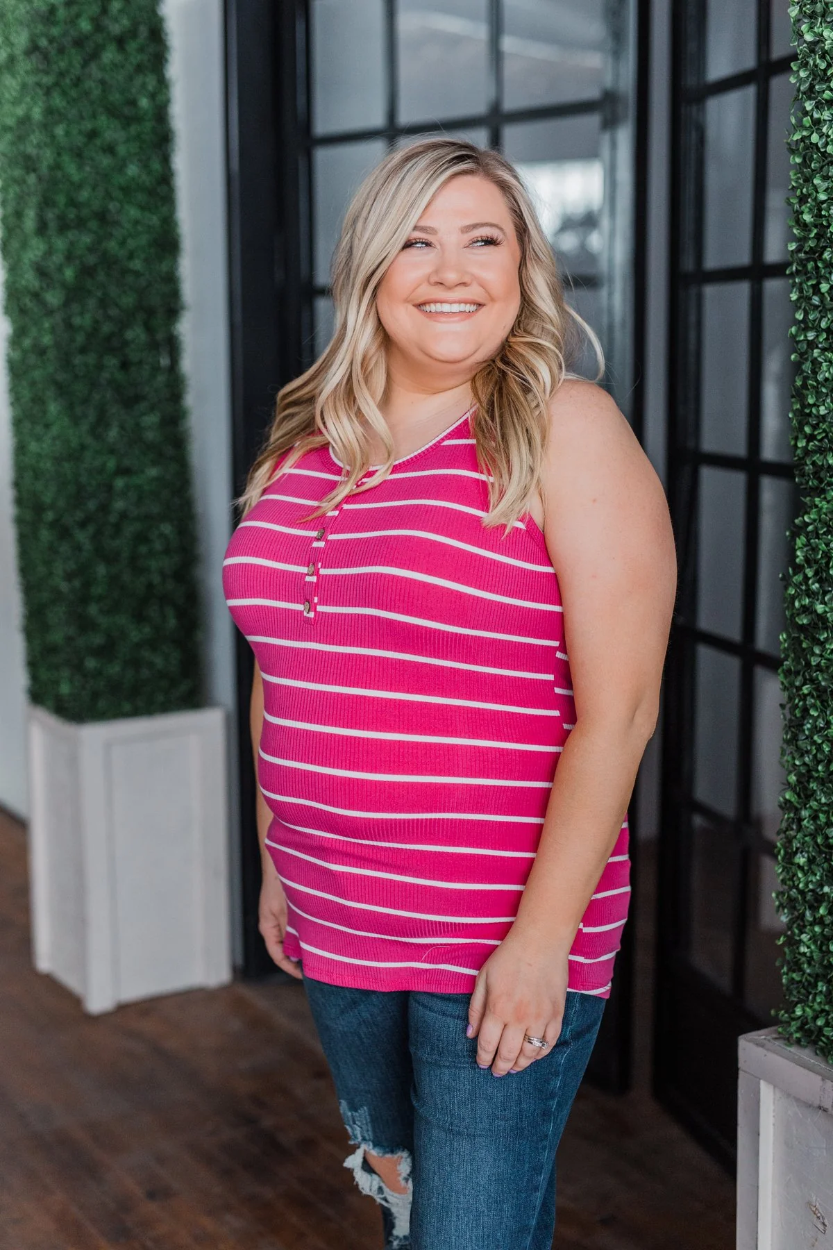 Striped Button Henley Tank Top- Hot Pink - Image 7