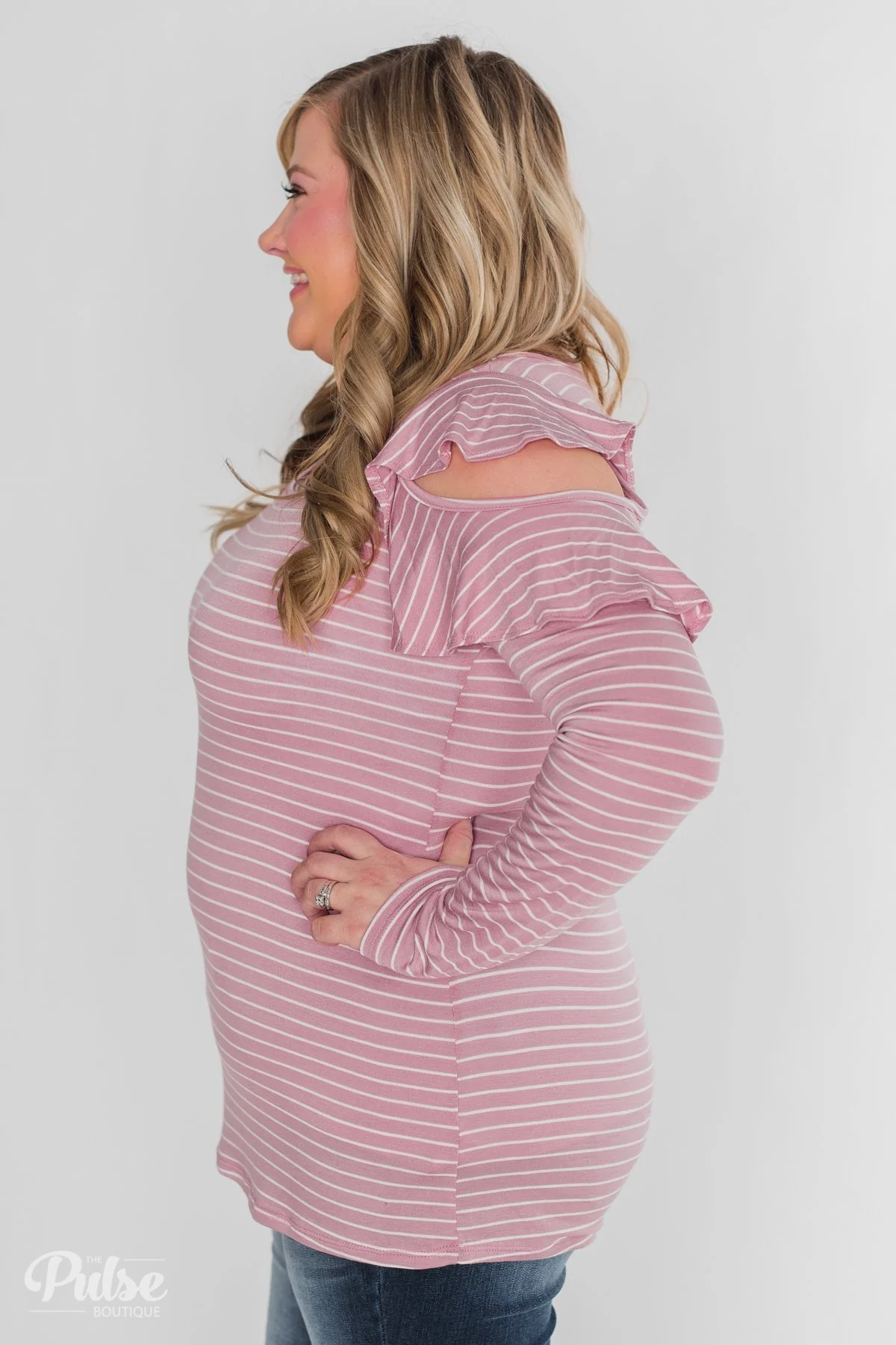 Striped Cold Shoulder Ruffle Top- Dusty Pink - Image 10