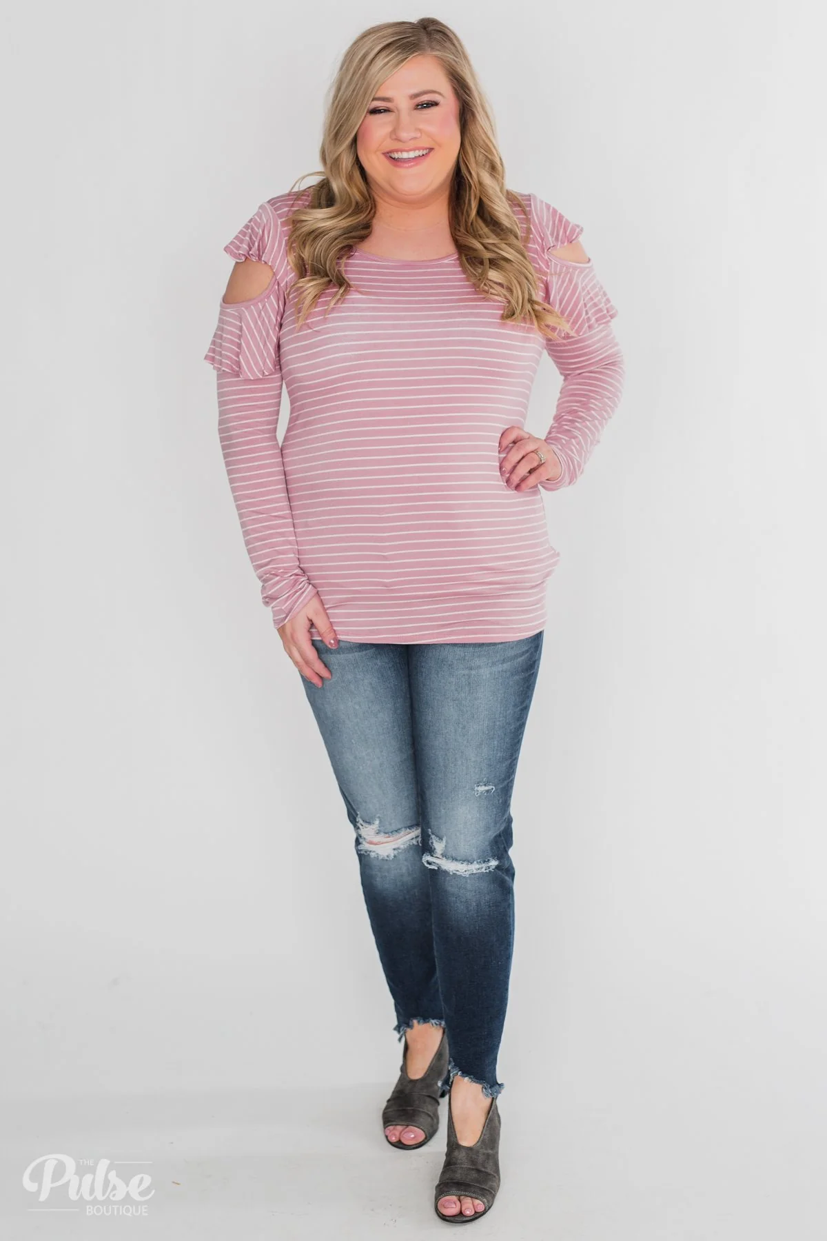 Striped Cold Shoulder Ruffle Top- Dusty Pink - Image 3