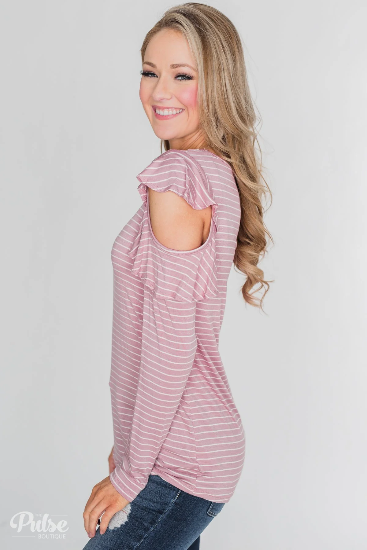 Striped Cold Shoulder Ruffle Top- Dusty Pink - Image 6
