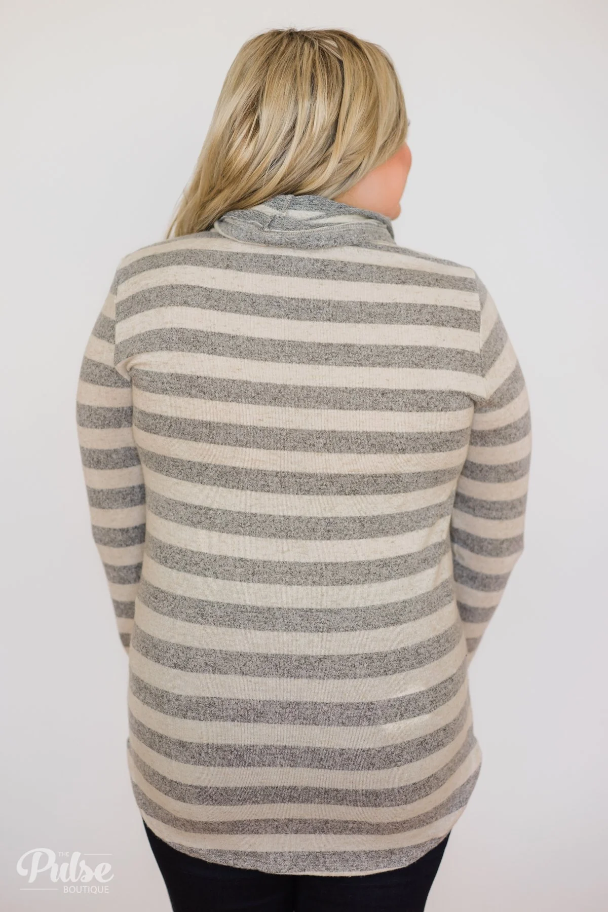Striped Cowl Neck Top- Grey & Oatmeal - Image 11