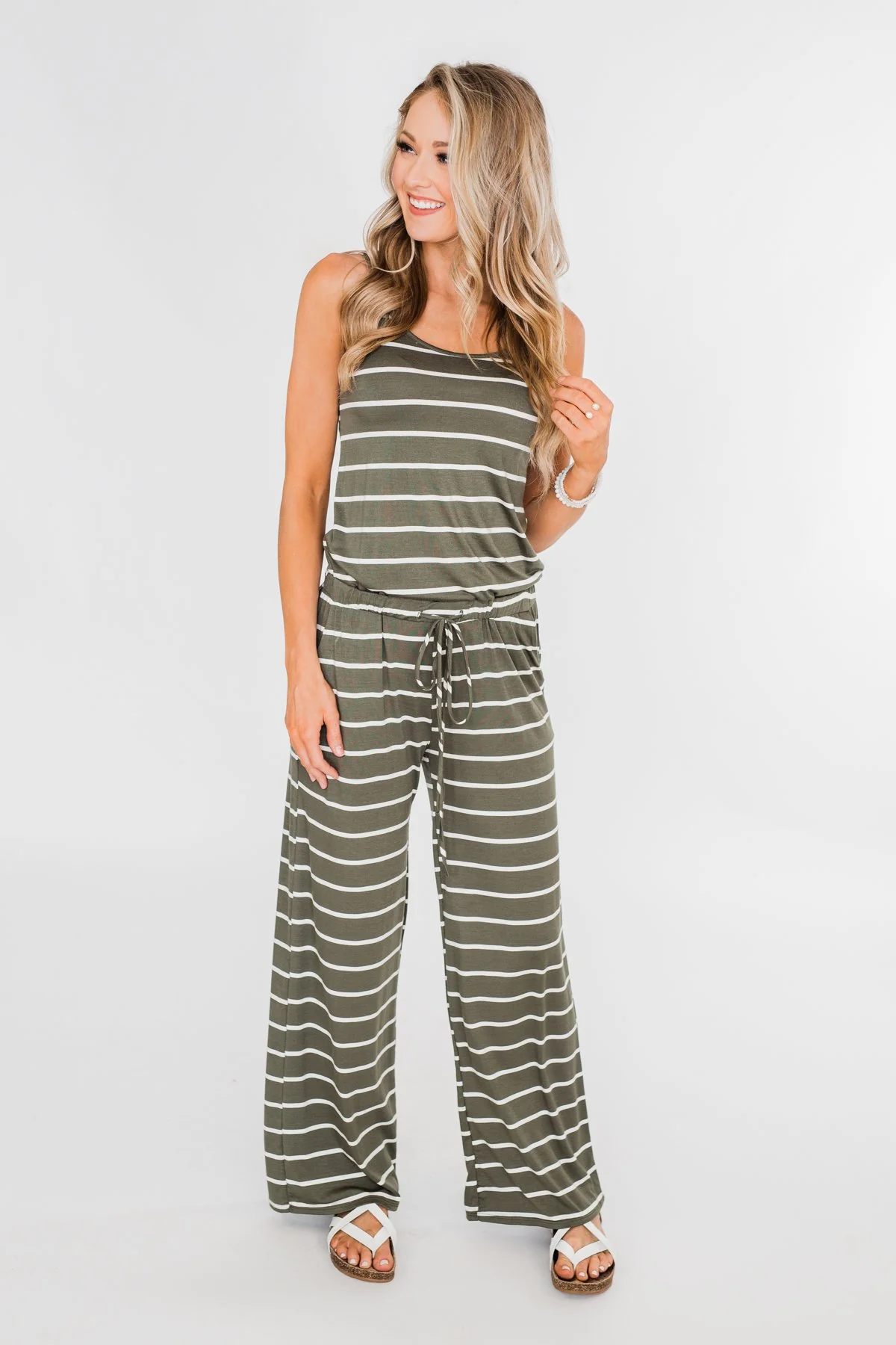 Striped Drawstring Jumpsuit- Ivory & Olive - Image 10