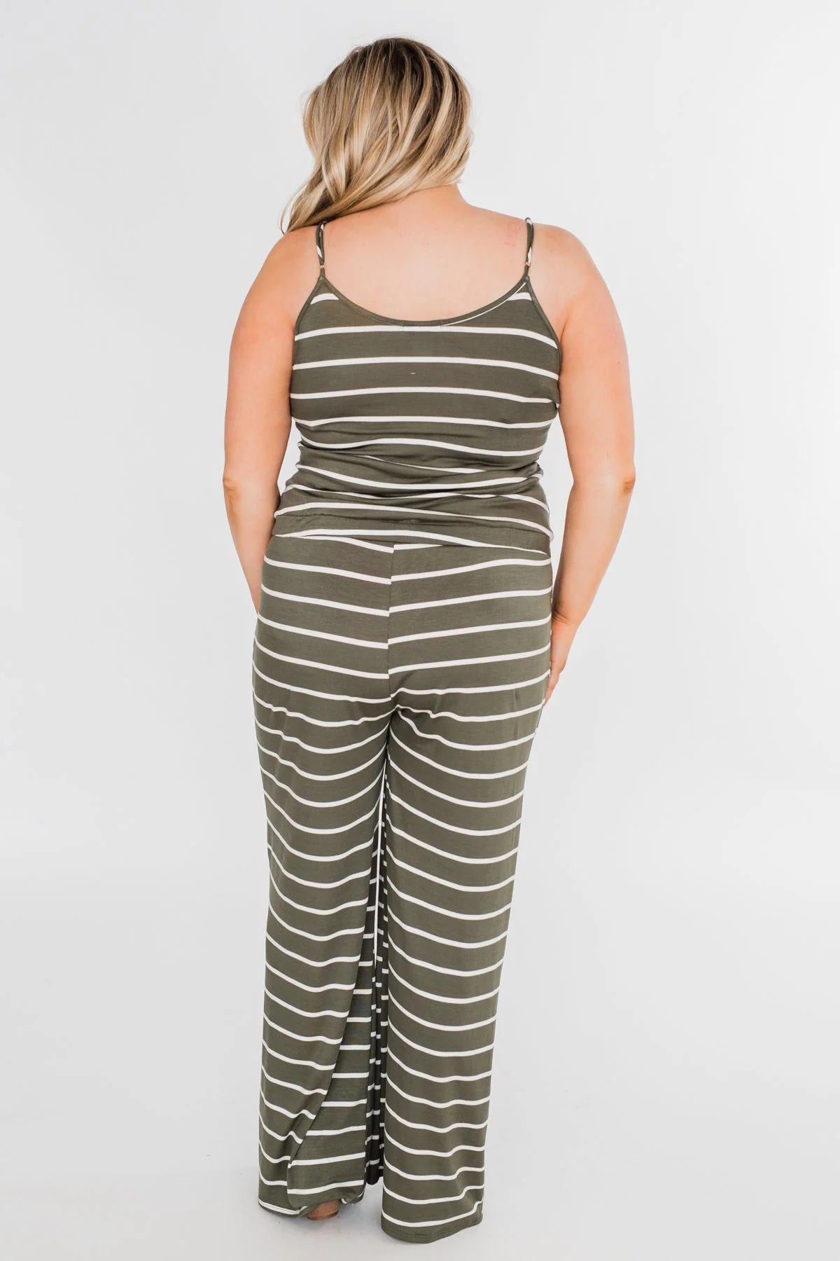 Striped Drawstring Jumpsuit- Ivory & Olive - Image 8