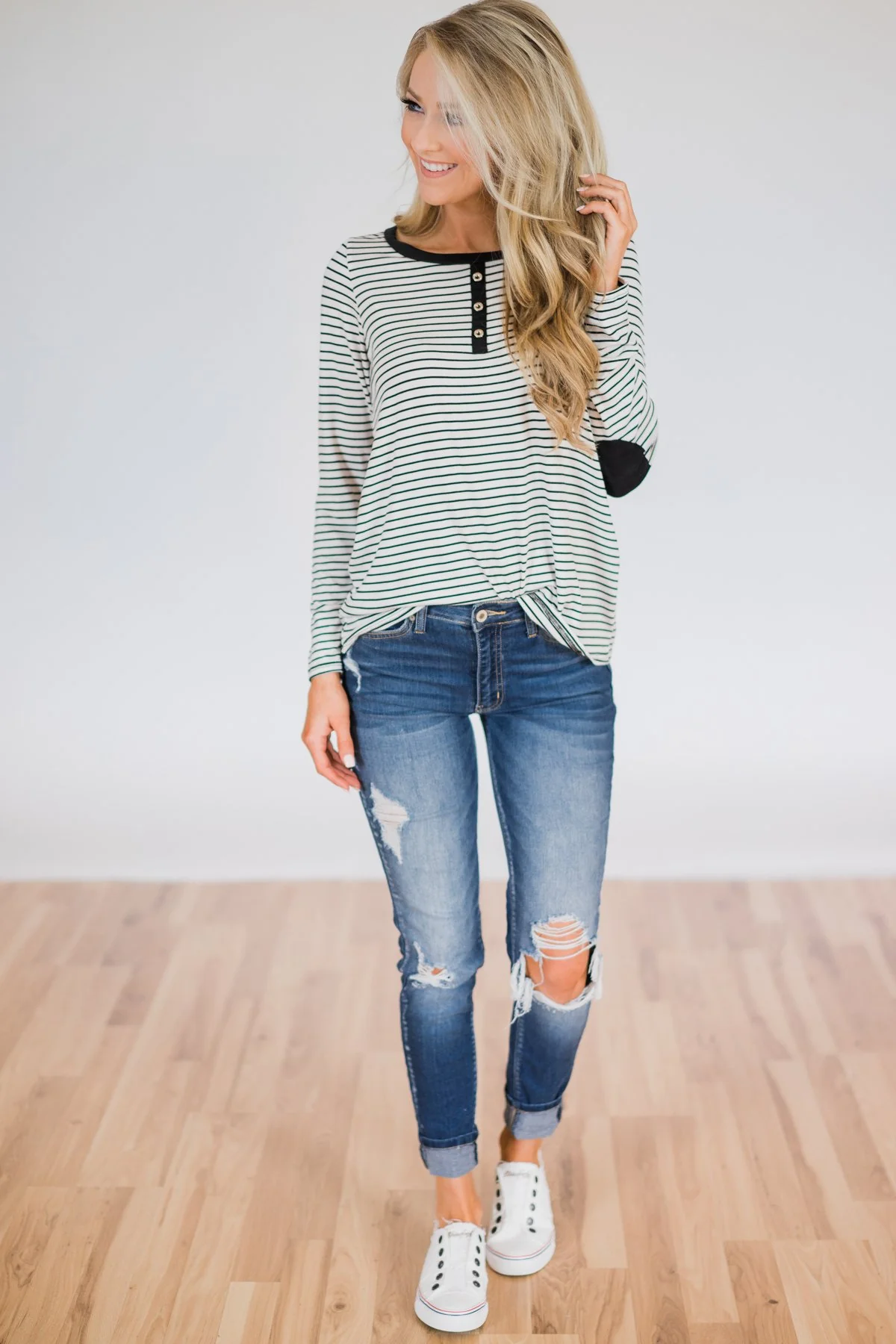 Striped Elbow Patch Long Sleeve Top- Black & White - Image 3
