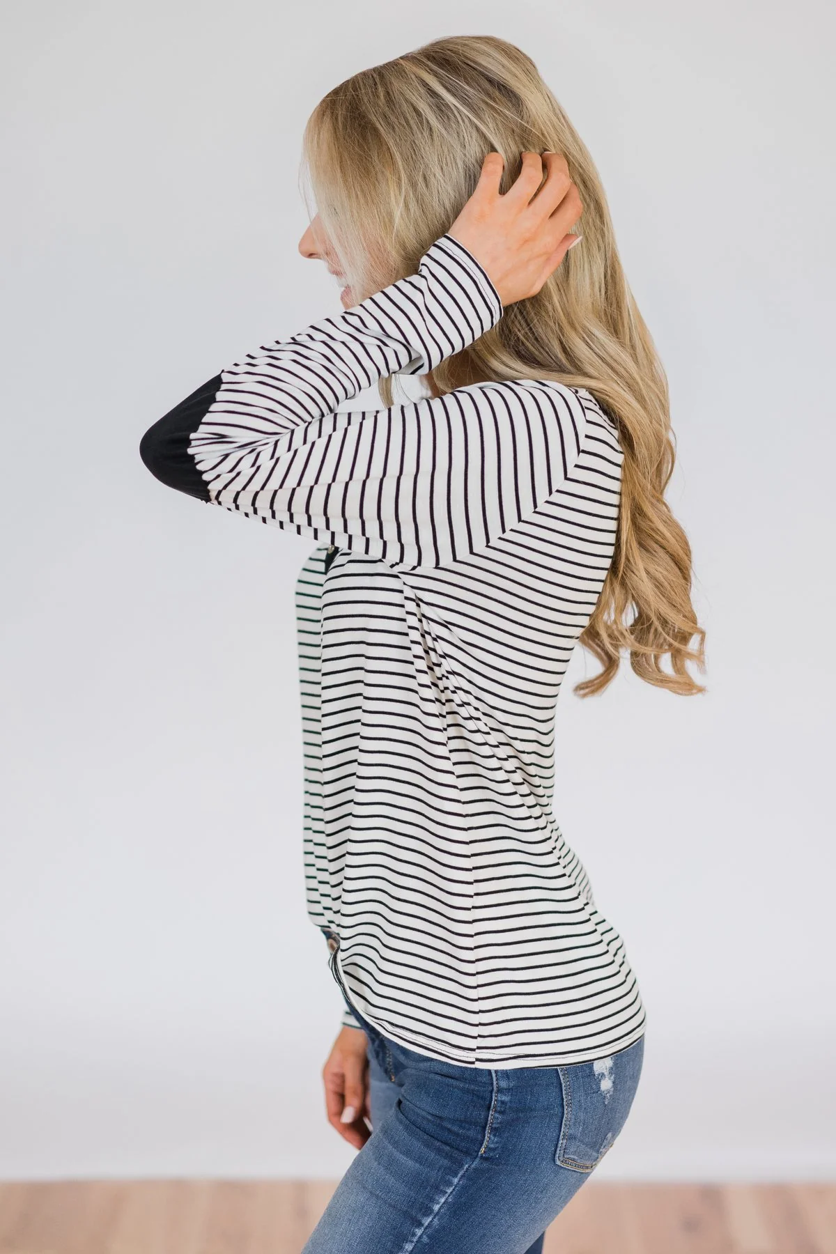 Striped Elbow Patch Long Sleeve Top- Black & White - Image 6