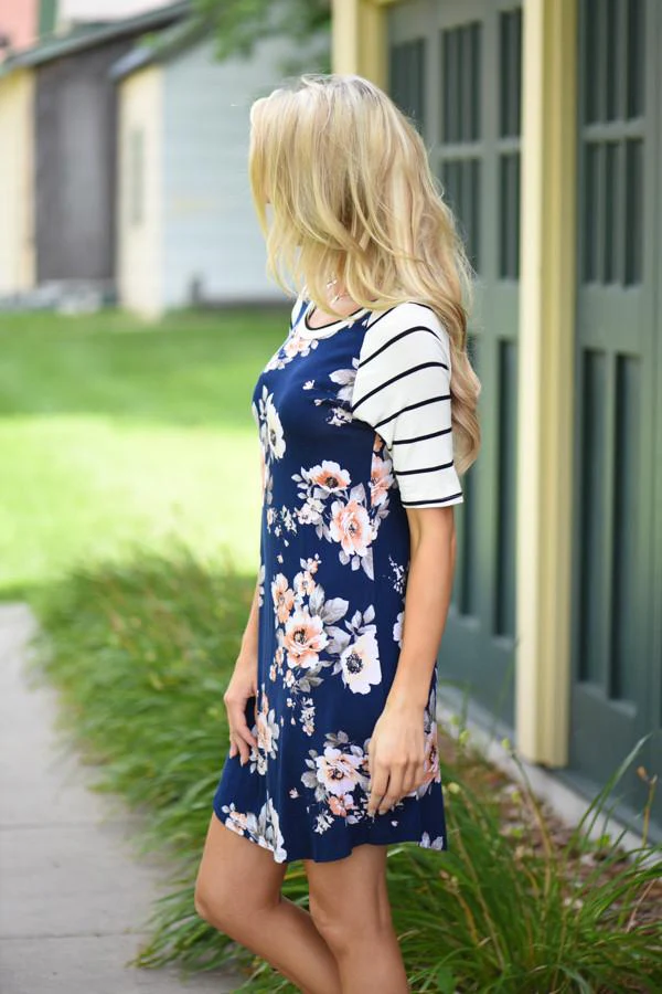 Striped & Floral Dress - Navy - Image 5