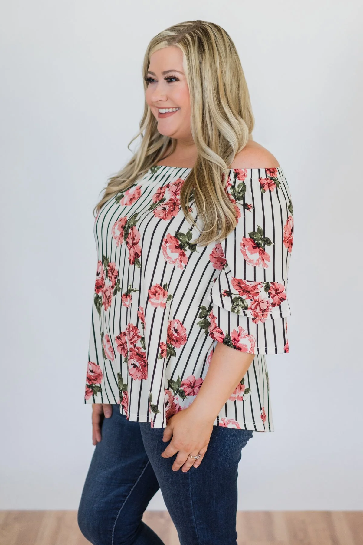 Striped Floral Off the Shoulder Top- Ivory - Image 3