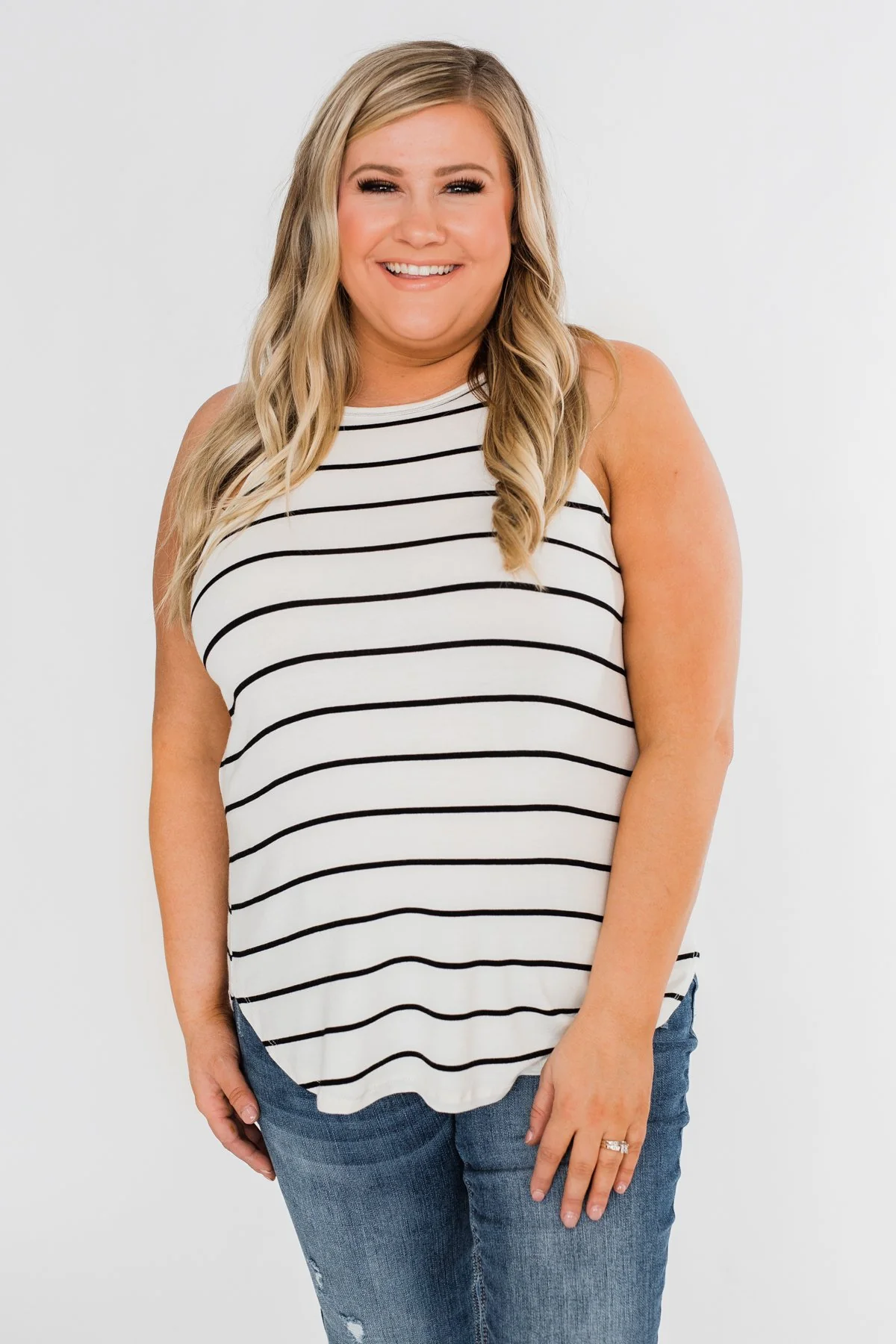 Striped Halter Tank Top- Ivory - Image 9