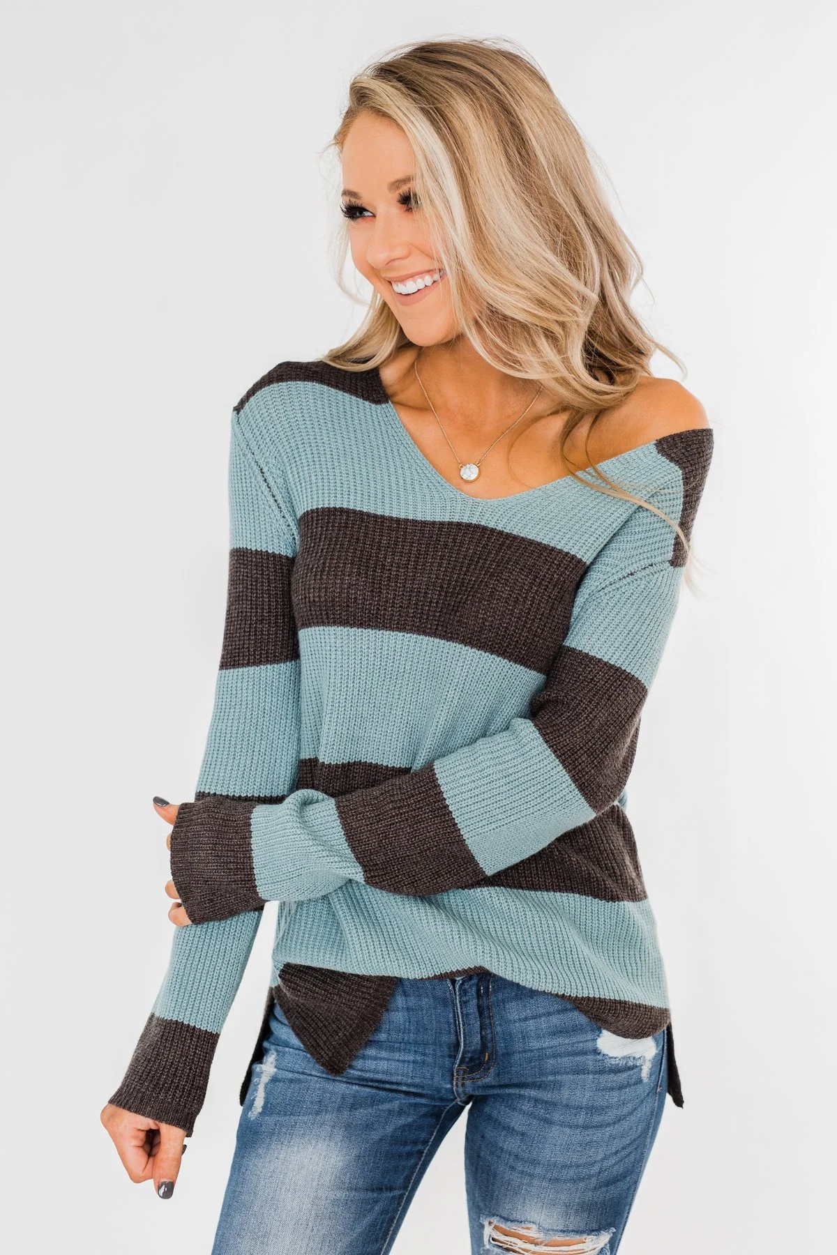 Striped Knit Sweater- Blue & Charcoal - Image 2