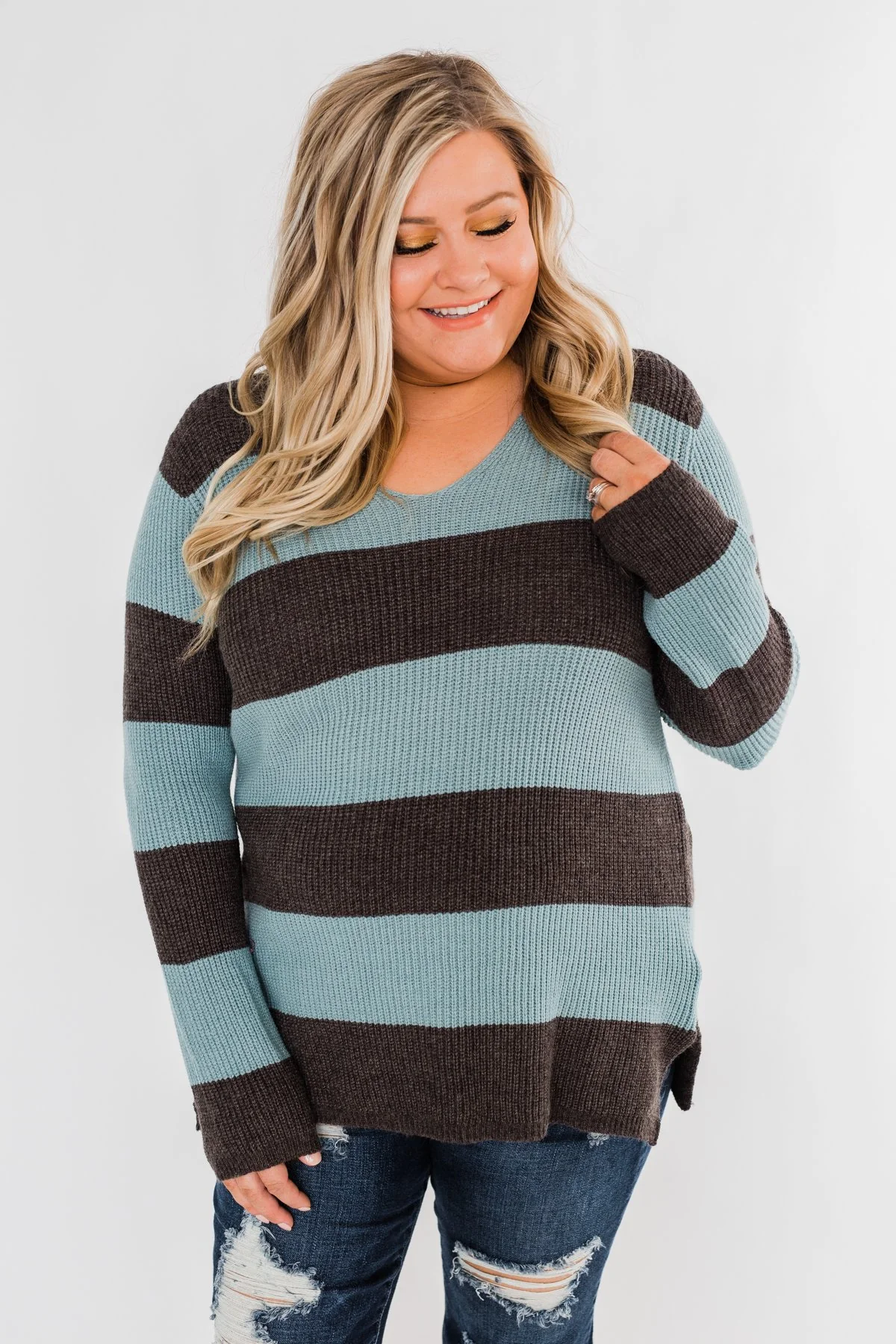 Striped Knit Sweater- Blue & Charcoal - Image 3