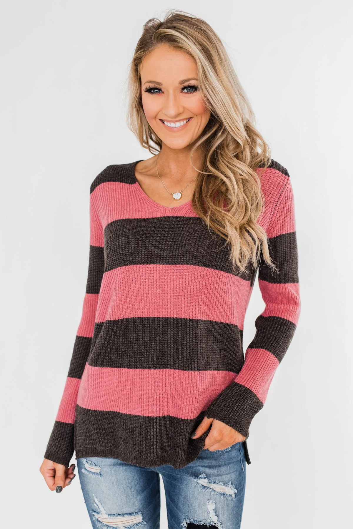 Striped Knit Sweater- Pink & Charcoal