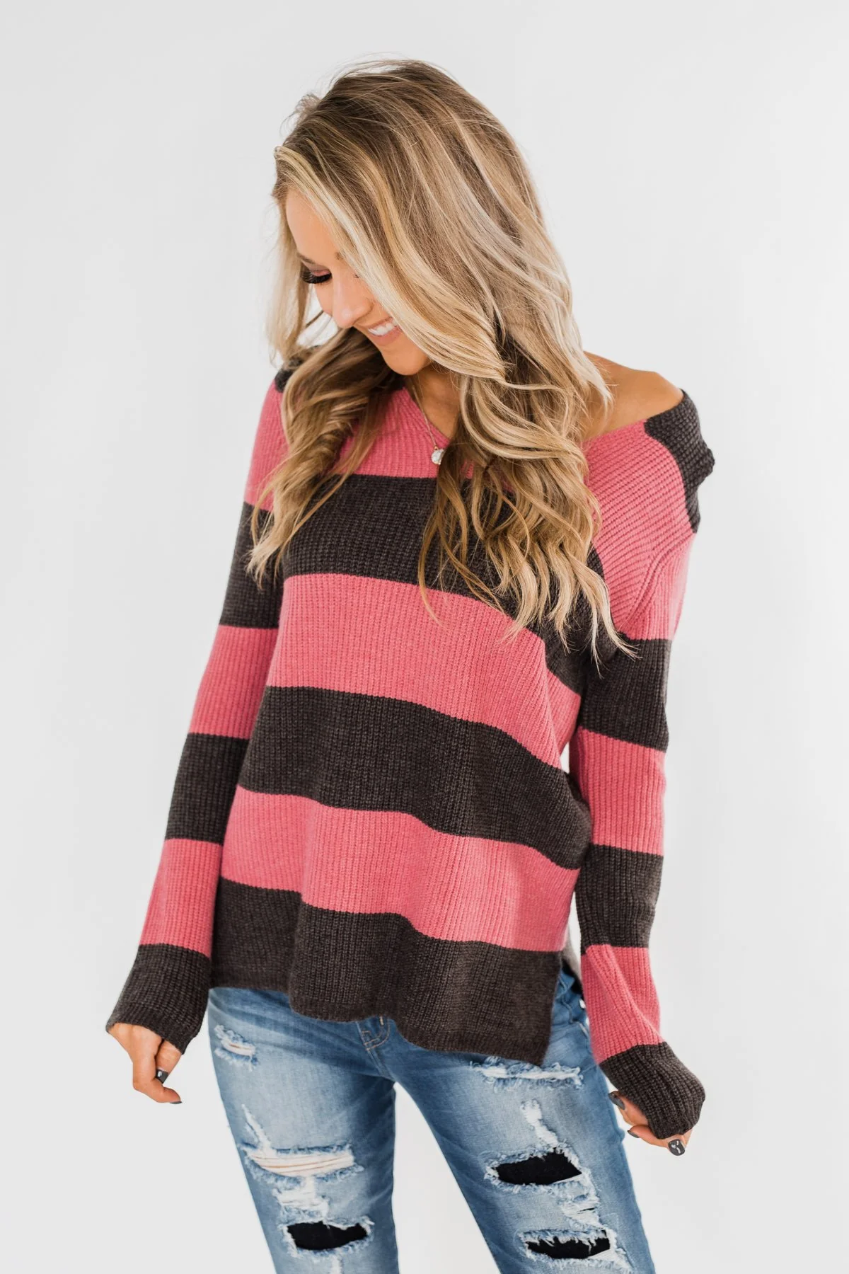 Striped Knit Sweater- Pink & Charcoal - Image 6