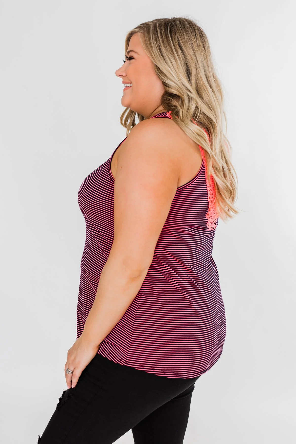 Striped Lace Racerback Tank Top- Neon Pink & Black - Image 11