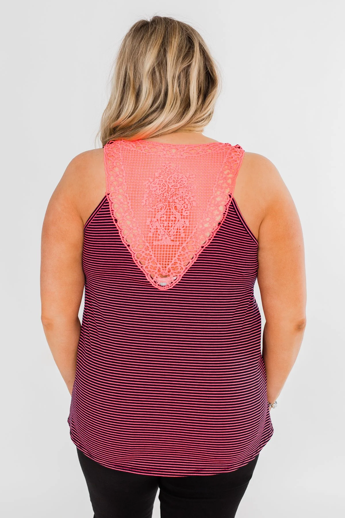 Striped Lace Racerback Tank Top- Neon Pink & Black - Image 13