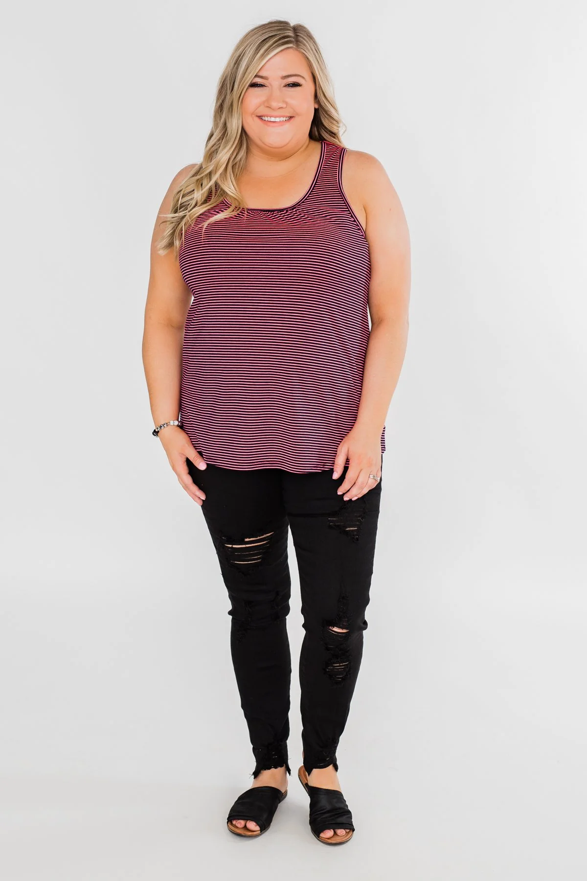 Striped Lace Racerback Tank Top- Neon Pink & Black - Image 3