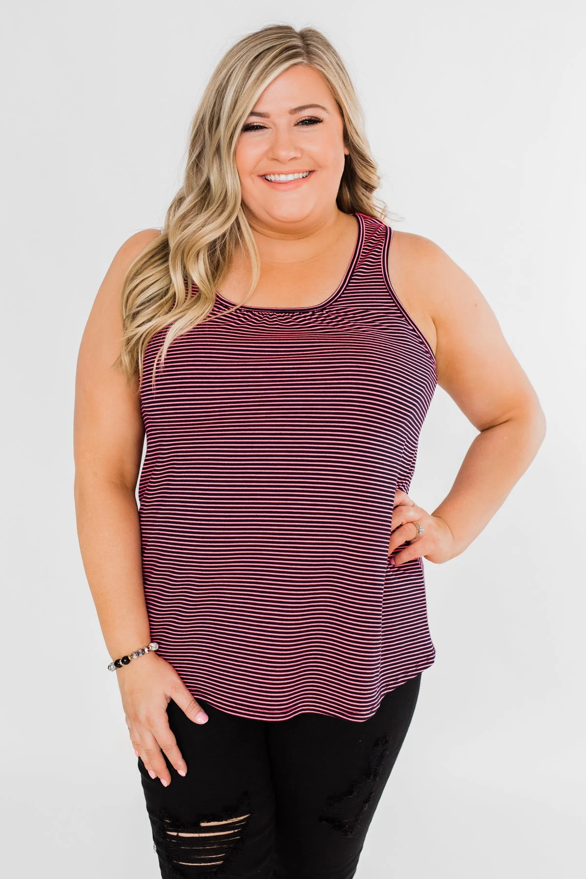 Striped Lace Racerback Tank Top- Neon Pink & Black - Image 5