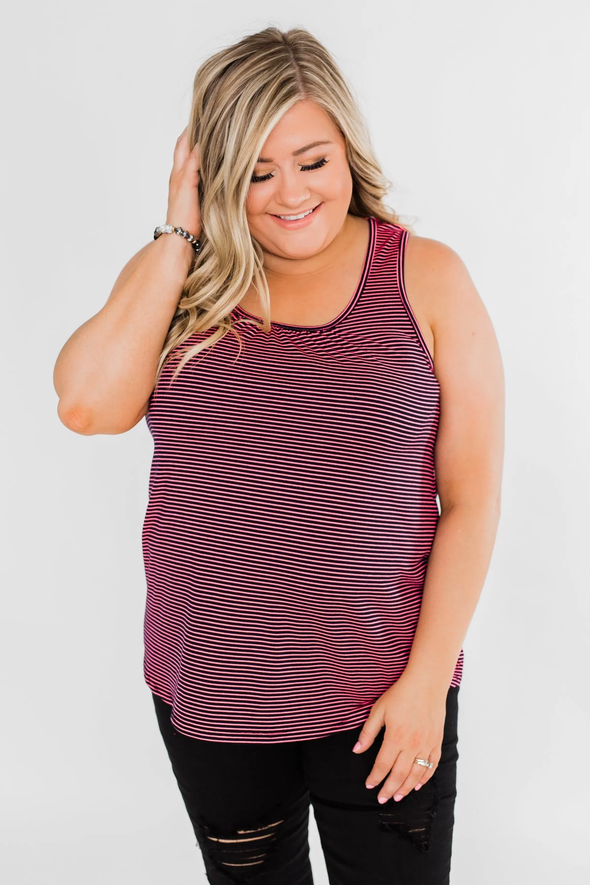 Striped Lace Racerback Tank Top- Neon Pink & Black - Image 7