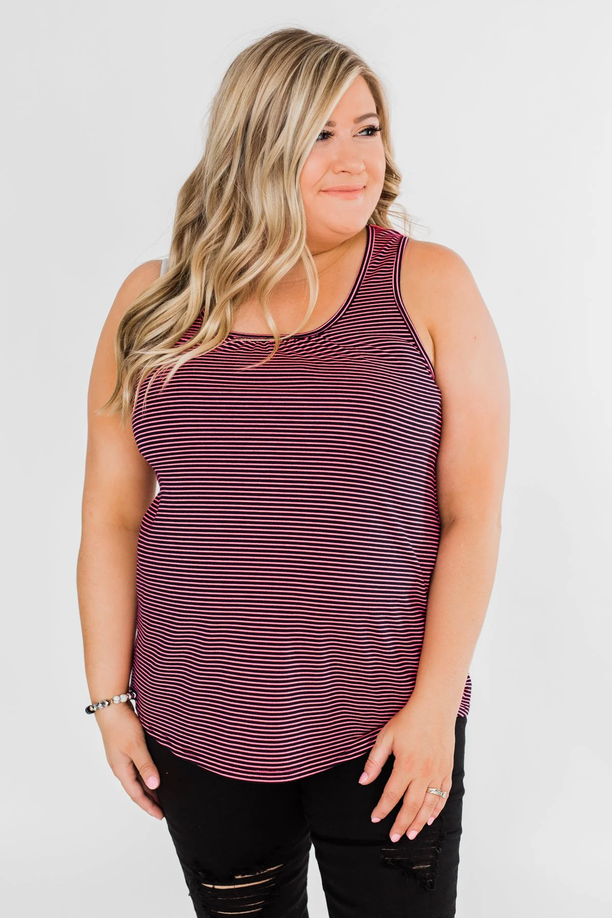 Striped Lace Racerback Tank Top- Neon Pink & Black - Image 9