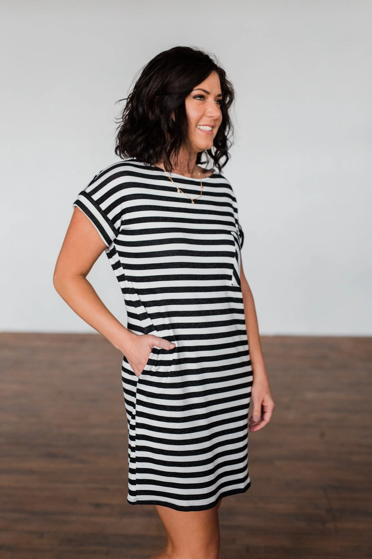 Striped Pocket T-Shirt Dress- Black & Off White - Image 5