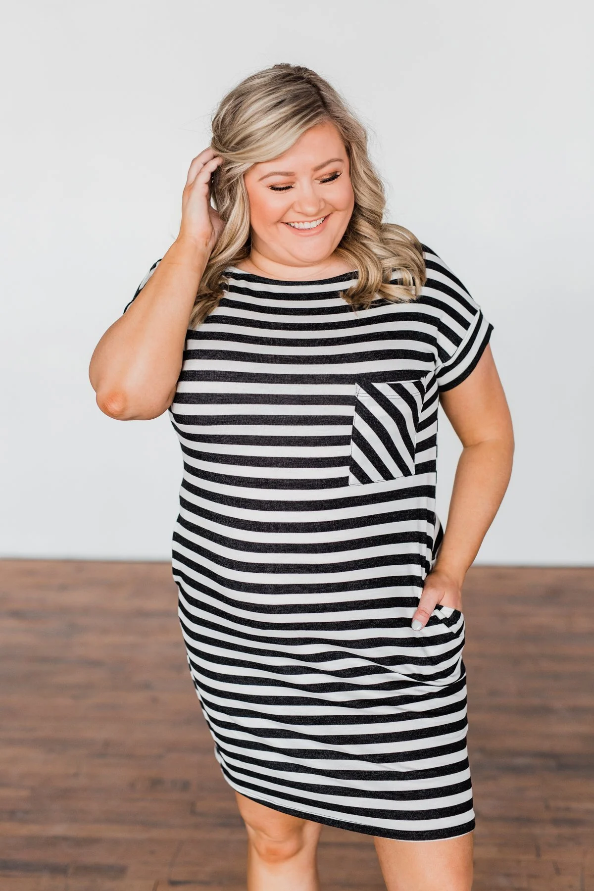 Striped Pocket T-Shirt Dress- Black & Off White - Image 6