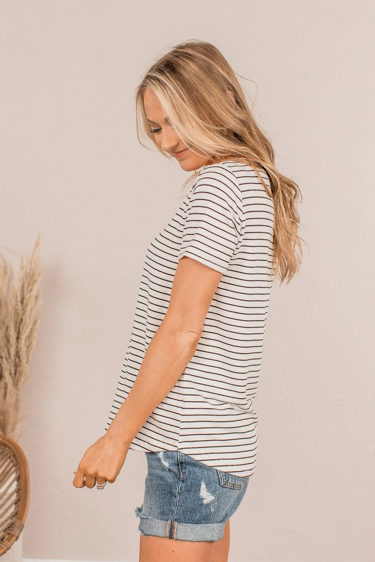 Striped Skylines V-Neck Top- Ivory - Image 7