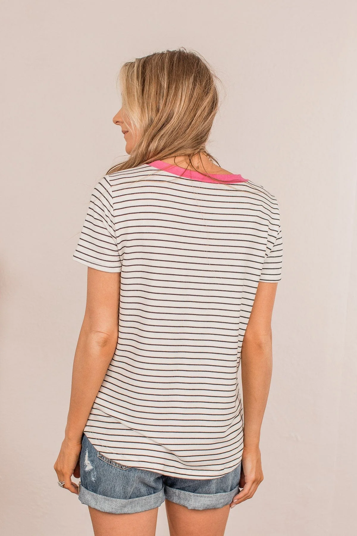 Striped Skylines V-Neck Top- Ivory - Image 9
