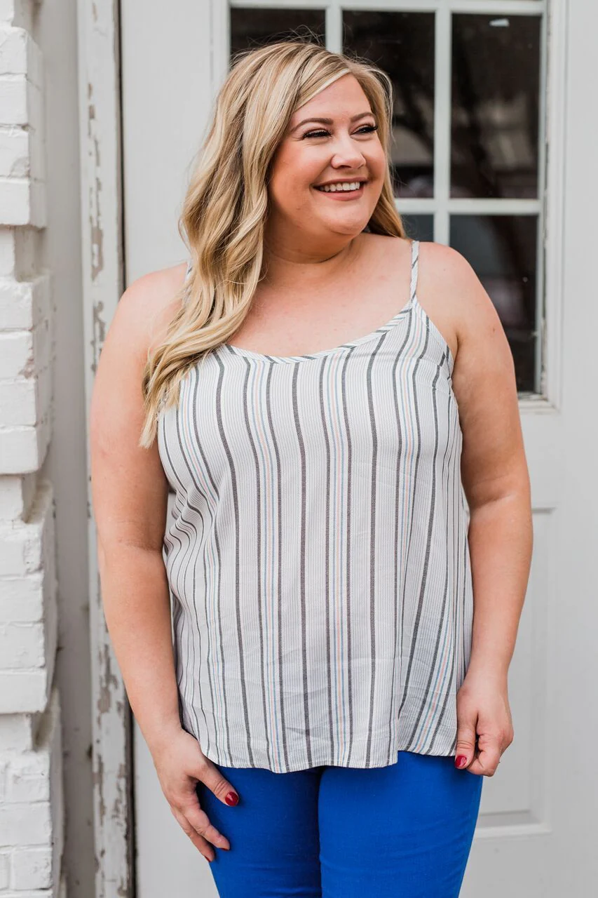 Striped Spaghetti Strap Tank Top- Grey & Blue Tones - Image 2
