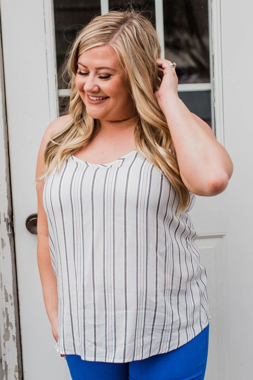Striped Spaghetti Strap Tank Top- Grey & Blue Tones - Image 3
