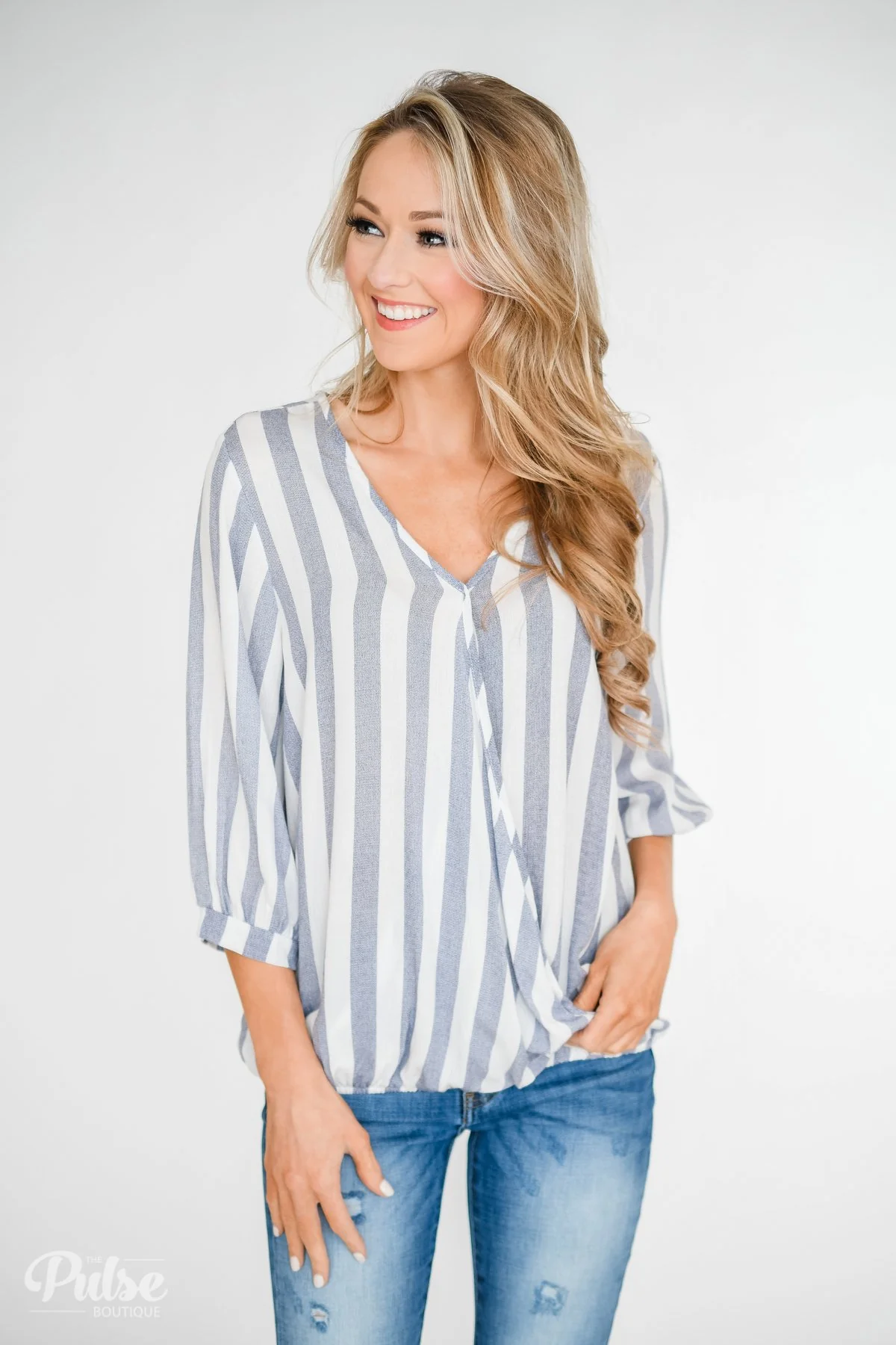Striped V-Neck Wrap Top - Ivory & Denim - Image 6