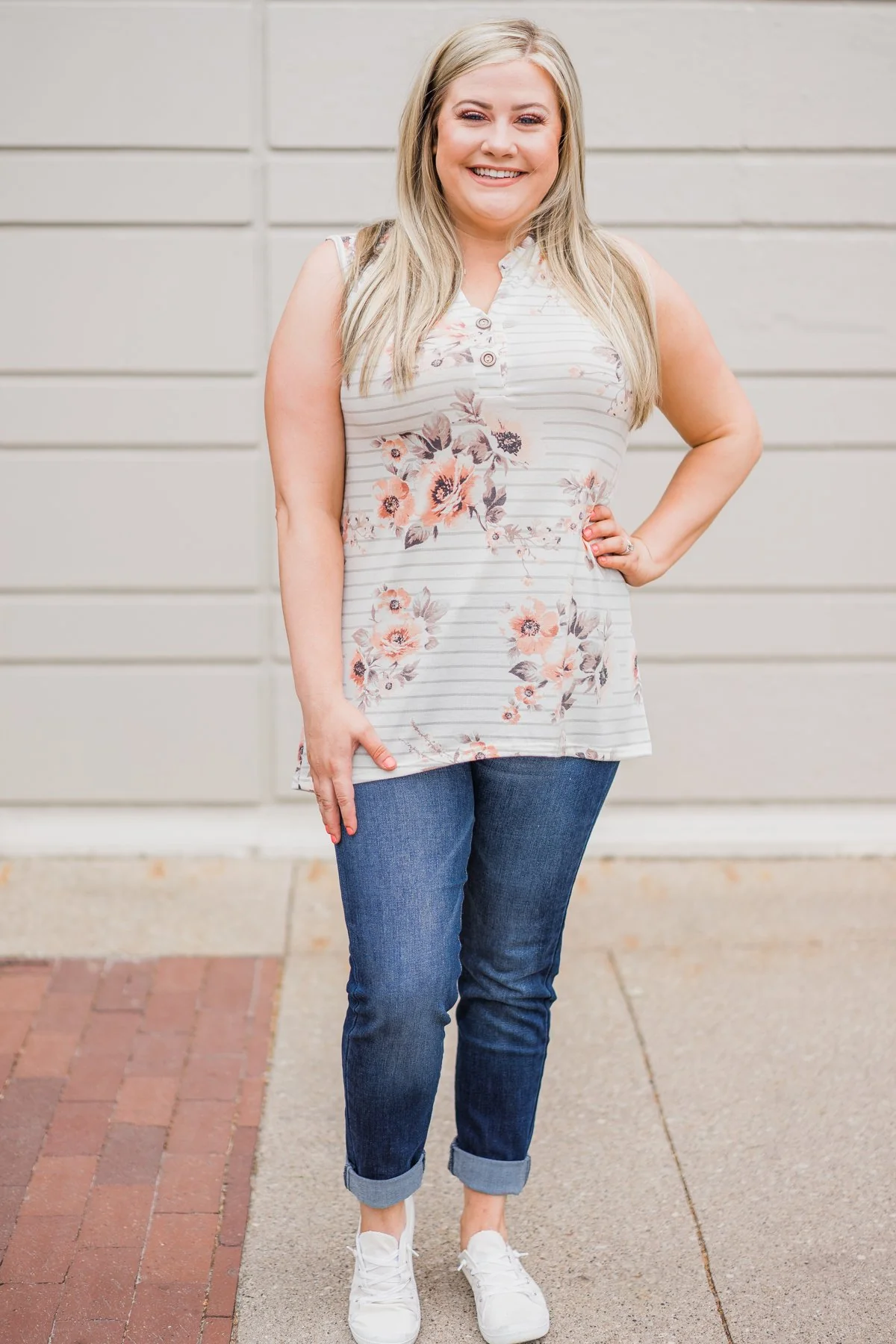 Stripes and Floral Tank Top- Ivory - Image 6