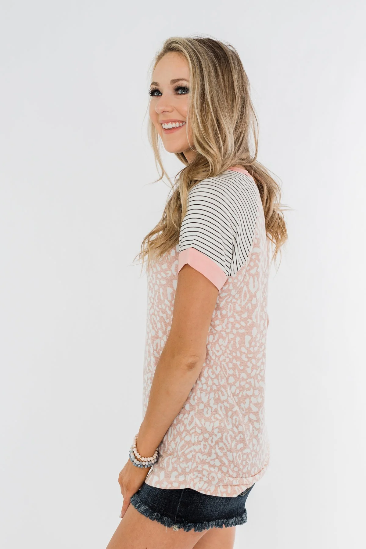 Stripes & Animal Print Color Block Raglan Top- Blush - Image 10
