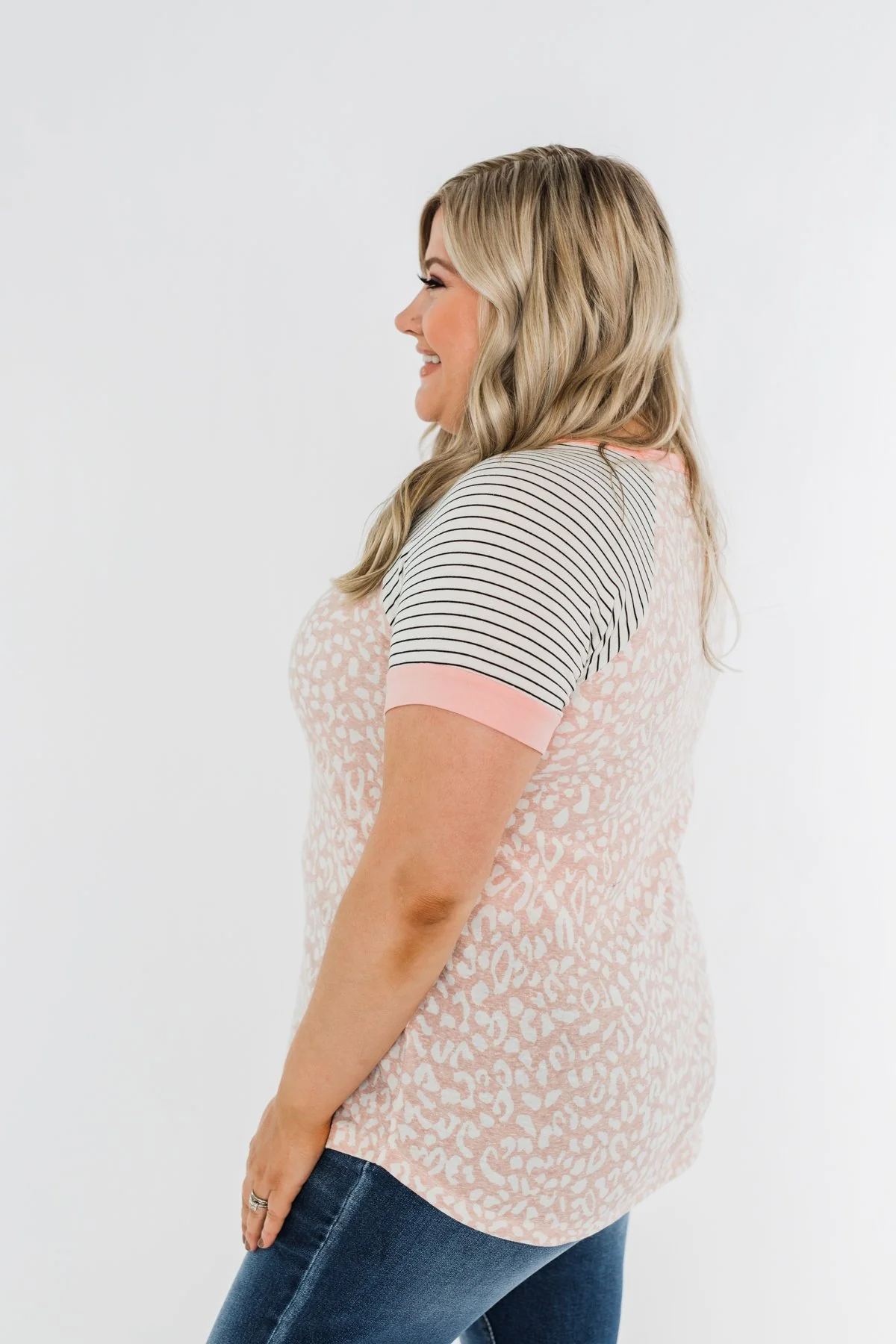 Stripes & Animal Print Color Block Raglan Top- Blush - Image 11
